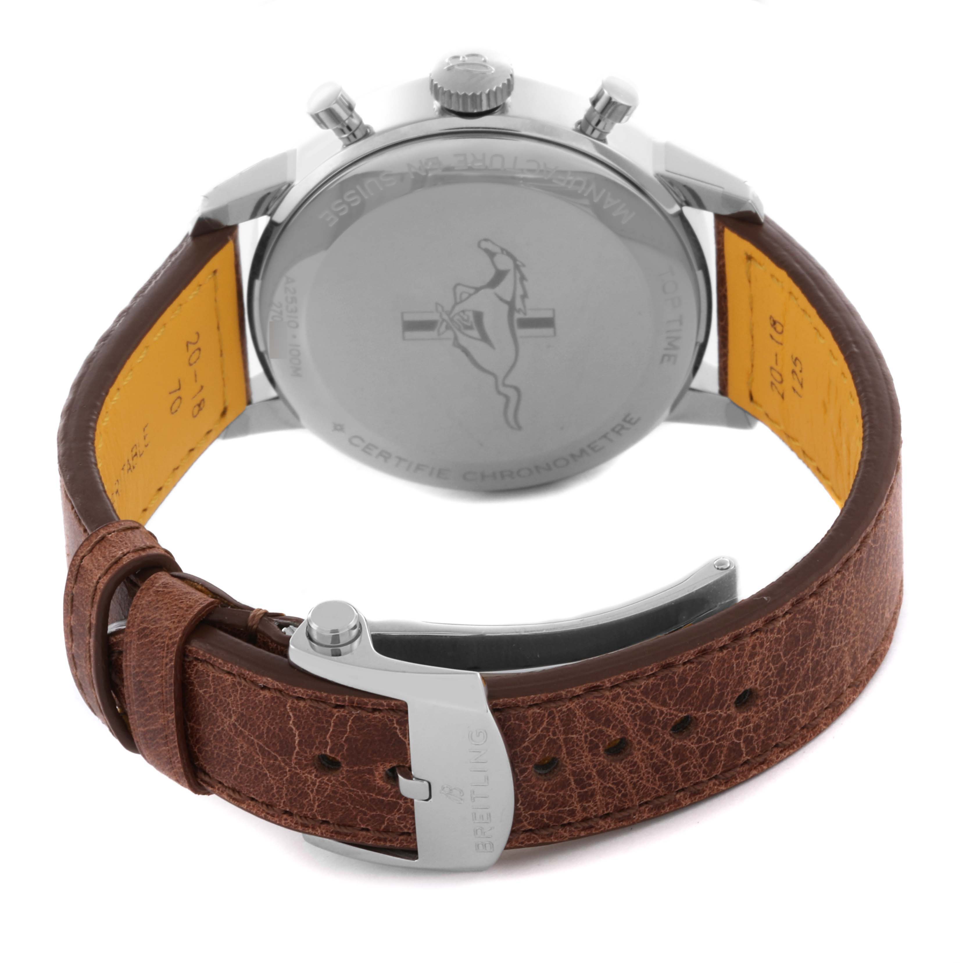 The image shows the back of a Breitling Premier A25310 Men's Stainless Steel Green Dial A25310 Men's Stainless Steel Green Dial watch, highlighting the brown leather strap and metal clasp.