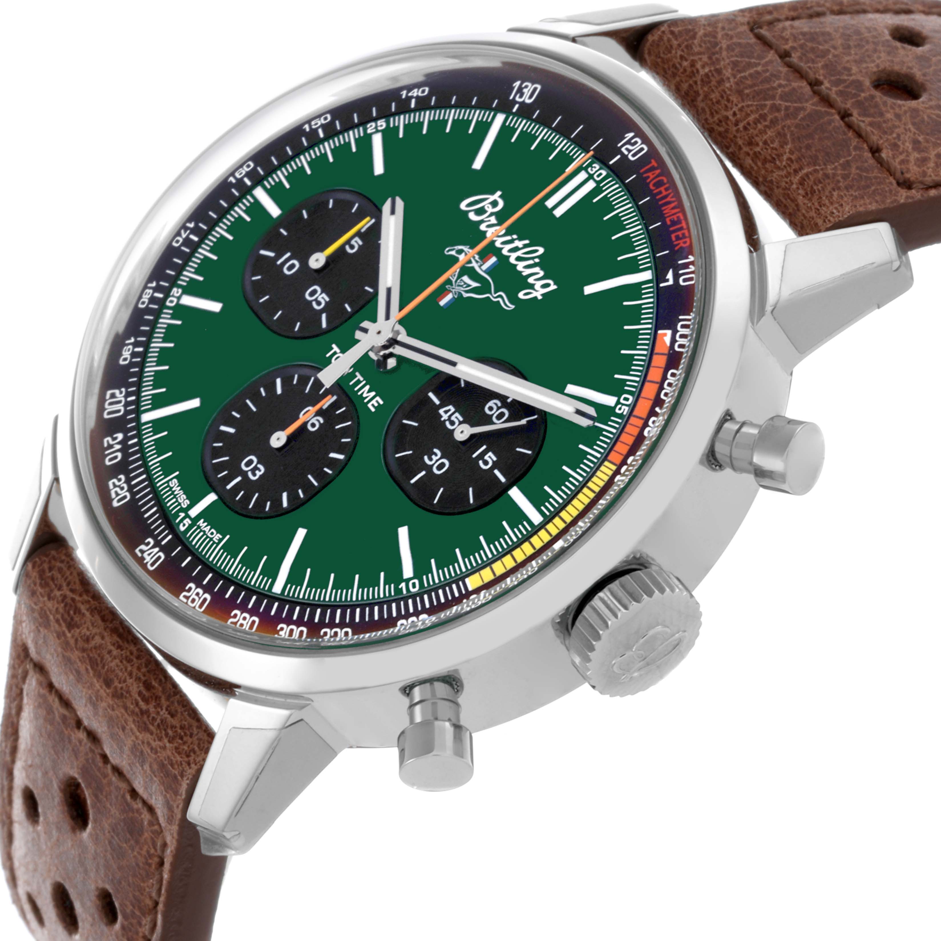 The Breitling Premier A25310 Men's Stainless Steel Green Dial A25310 Men's Stainless Steel Green Dial watch is shown from a side angle, displaying its green dial, sub-dials, crown, pushers, and leather strap.