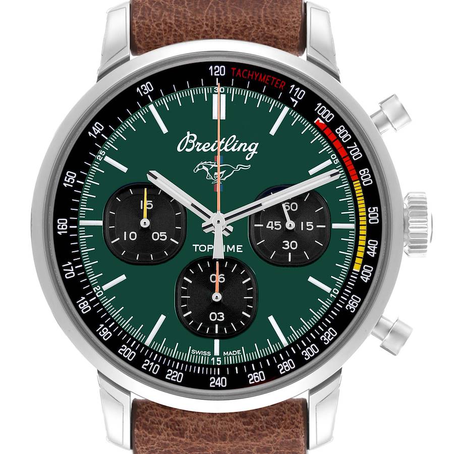 The Breitling Premier model watch is shown from the front, highlighting the dial, tachymeter, and chronograph subdials.