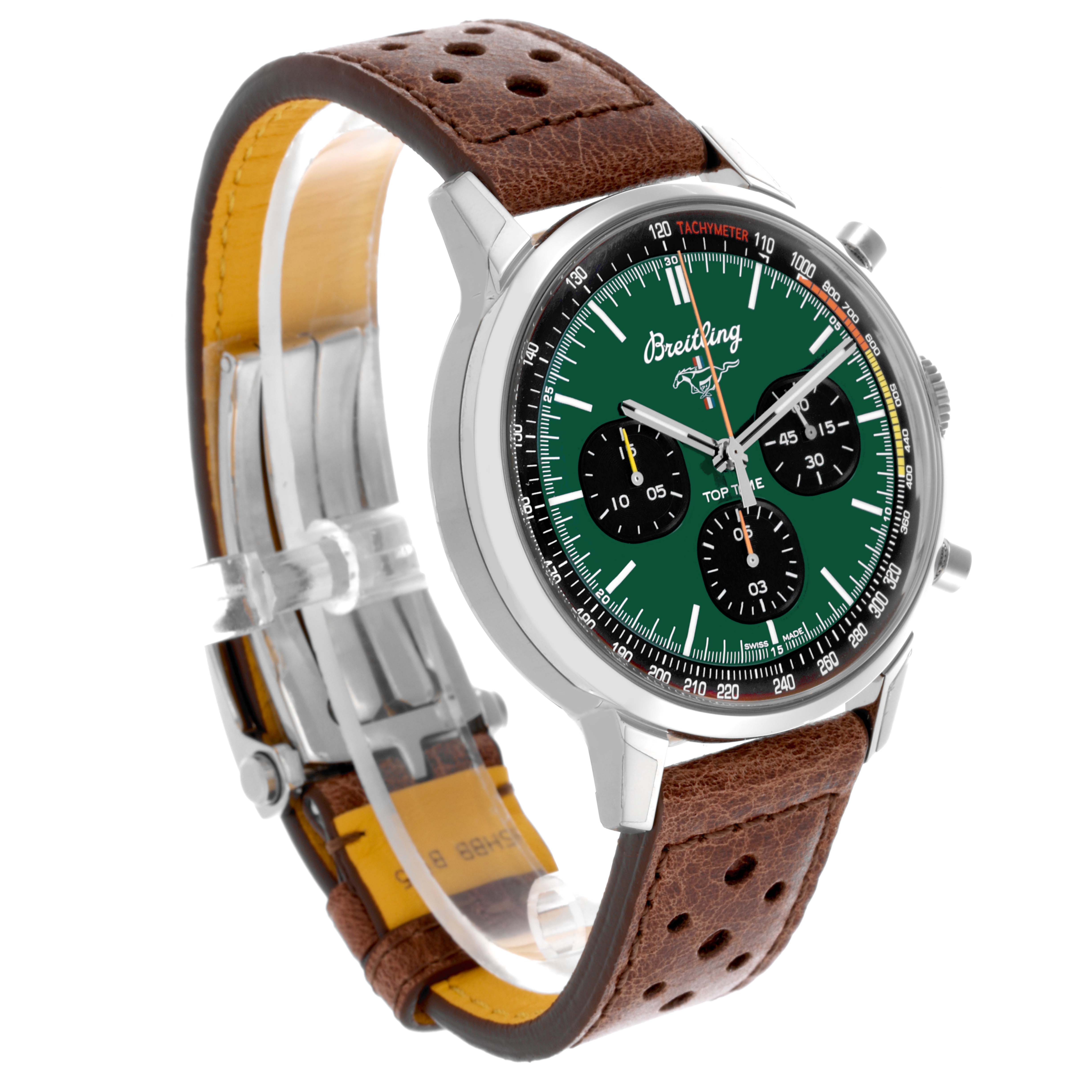 The Breitling Premier A25310 Men's Stainless Steel Green Dial A25310 Men's Stainless Steel Green Dial watch is shown at a three-quarter angle, highlighting its green dial, subdials, and brown leather strap.