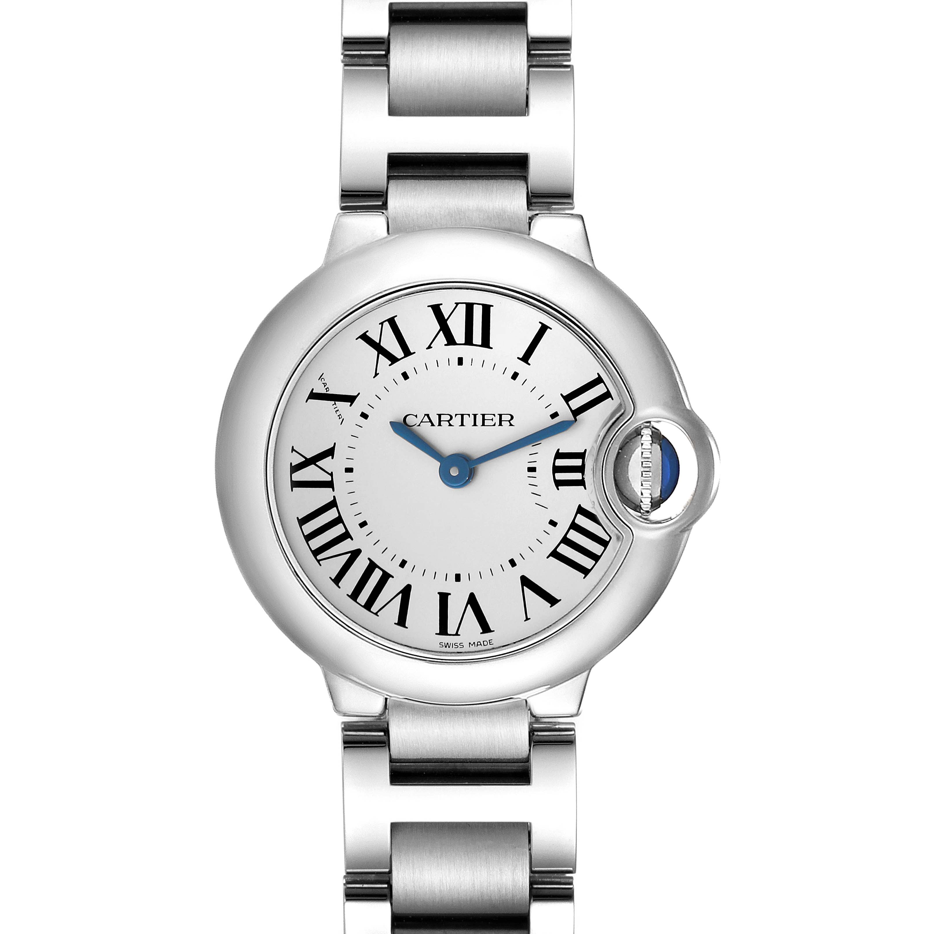 The image shows a front view of the Cartier Ballon Bleu W69010Z4 Women's Stainless Steel Silver Dial W69010Z4 Women's Stainless Steel Silver Dial watch, highlighting its dial, Roman numerals, and metal bracelet.