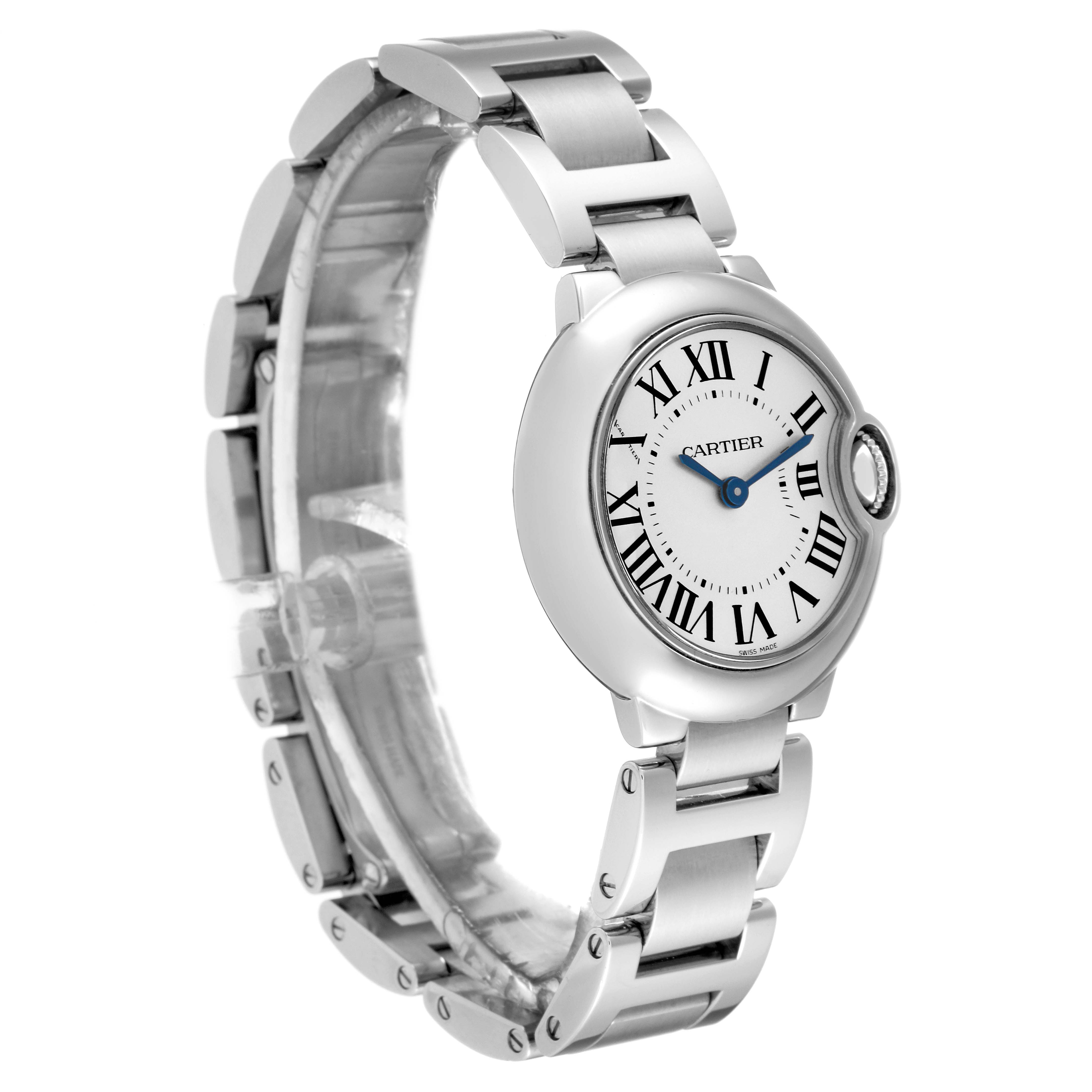 The image shows a side angle view of a Ballon Bleu watch by Cartier, featuring its dial, bracelet, and crown.