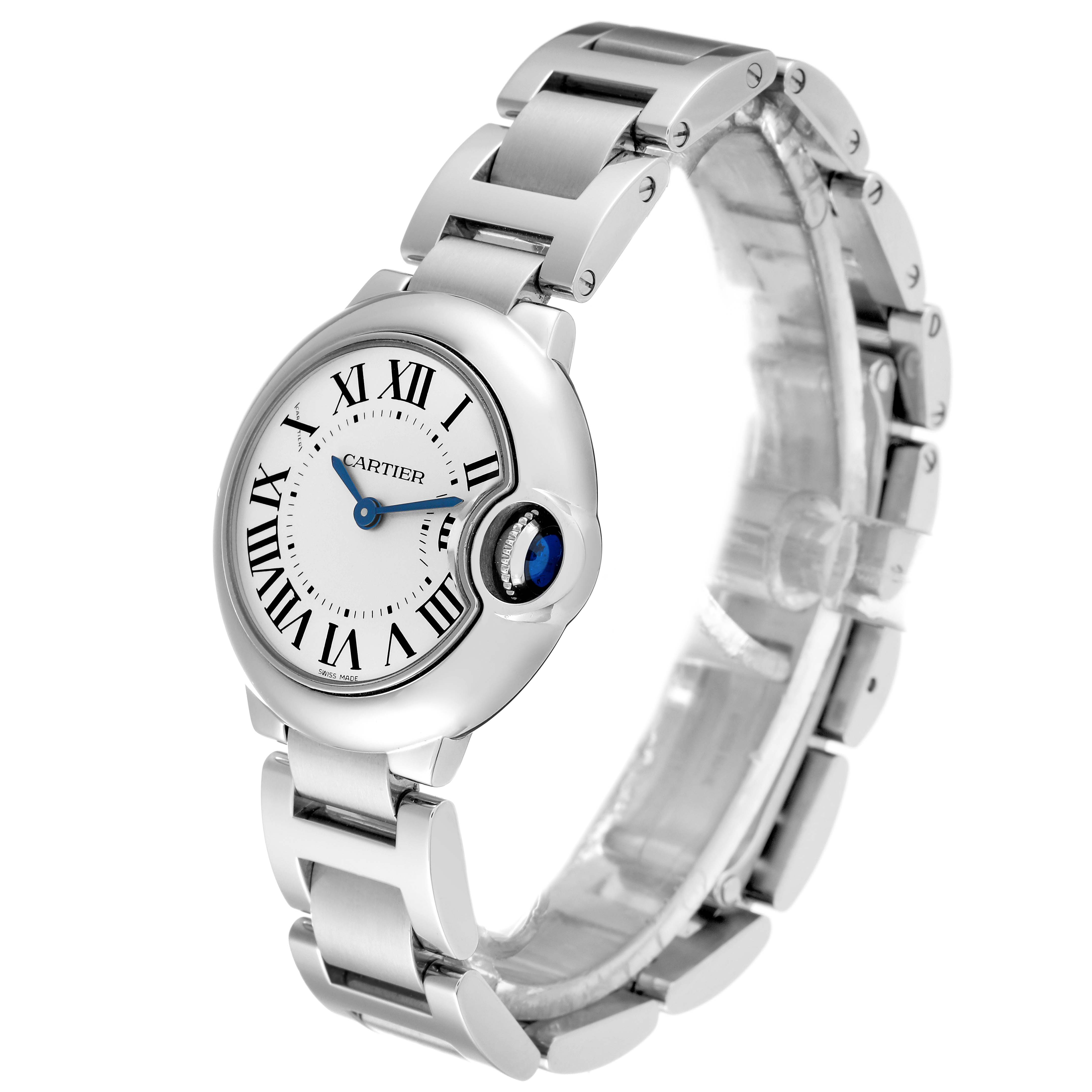 The Ballon Bleu model by Cartier is shown at a three-quarter angle, showcasing the face, bracelet, and crown.