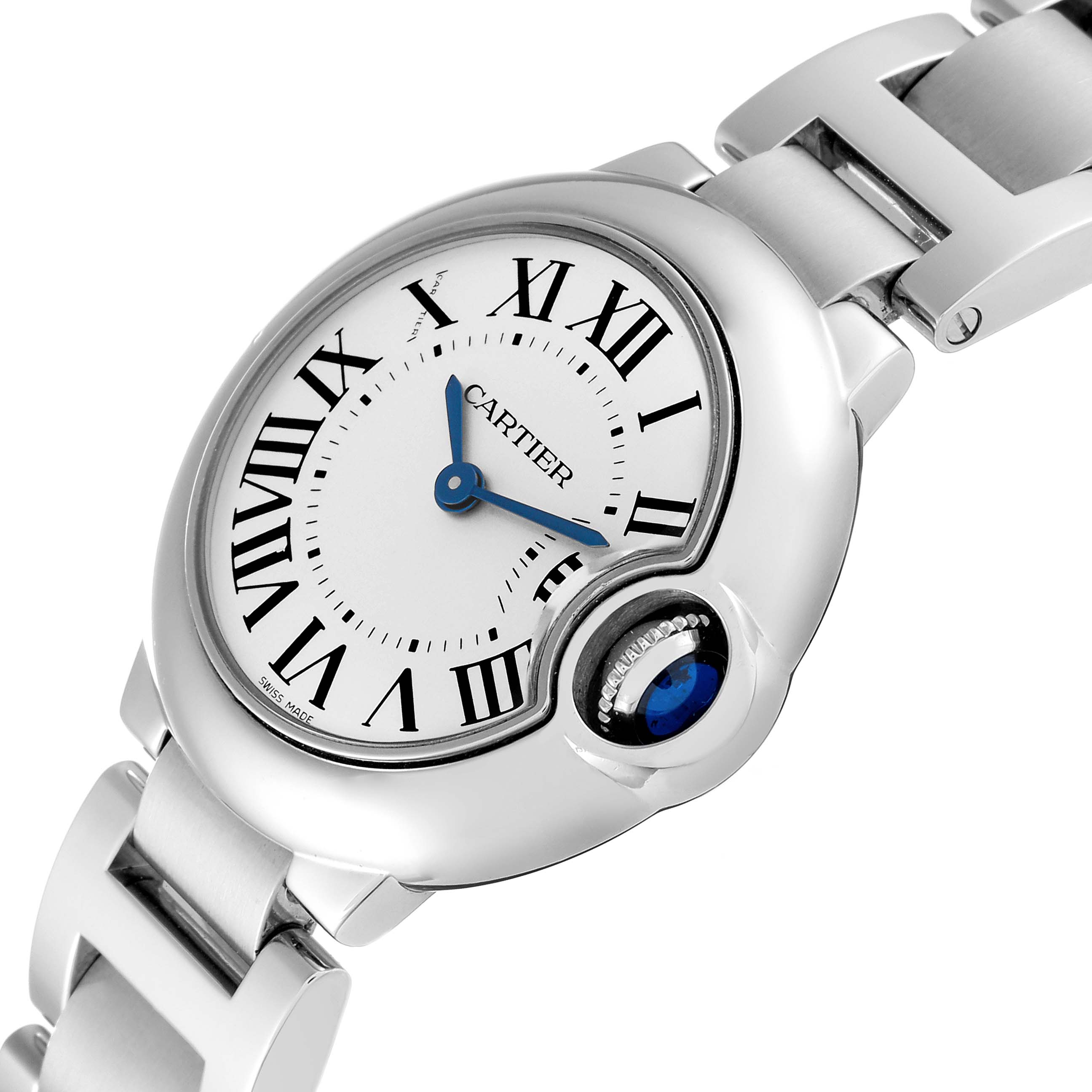 The image shows a close-up angle of the Cartier Ballon Bleu W69010Z4 Women's Stainless Steel Silver Dial W69010Z4 Women's Stainless Steel Silver Dial watch face and part of its bracelet.