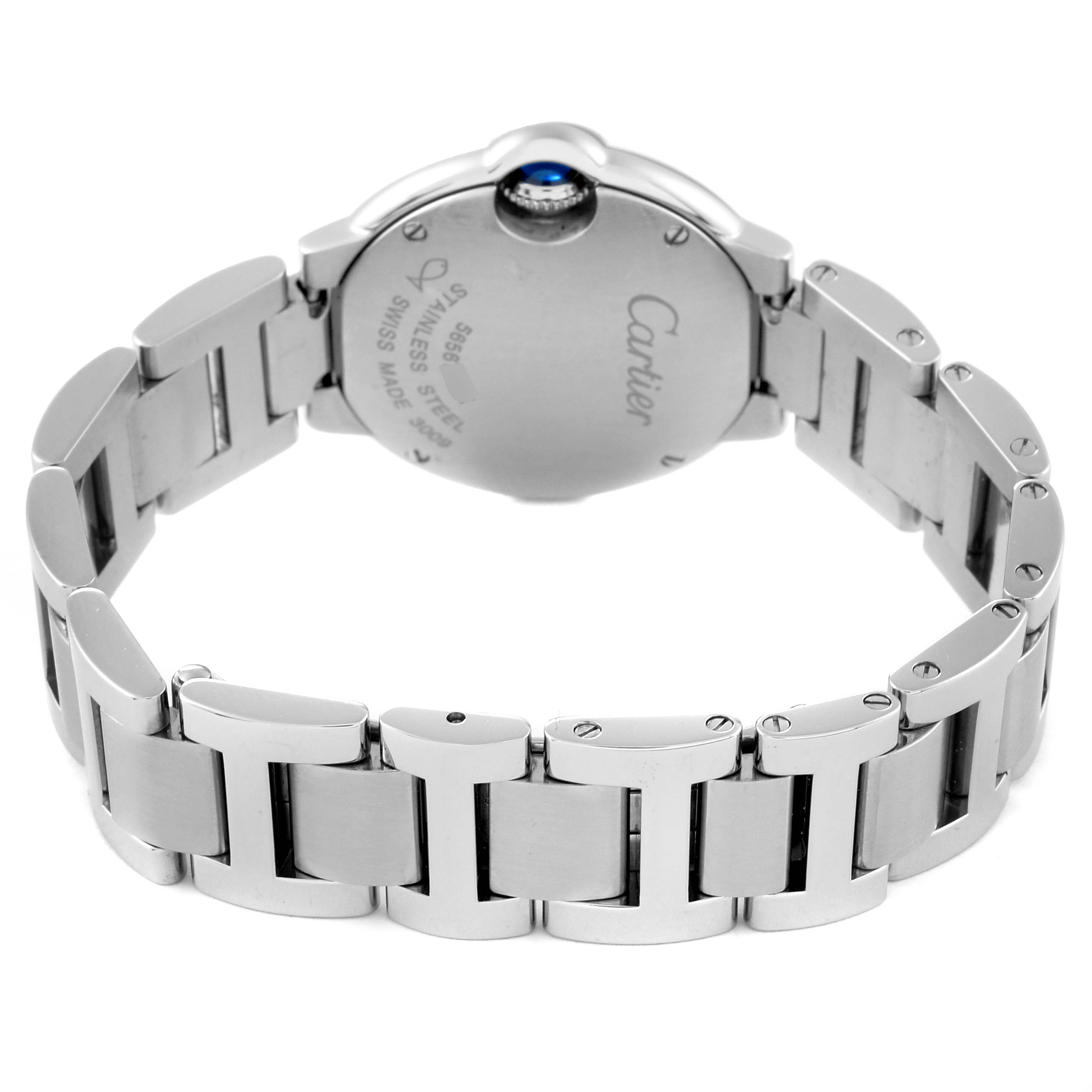 The image shows the back and bracelet of a Ballon Bleu by Cartier watch from a rear angle.