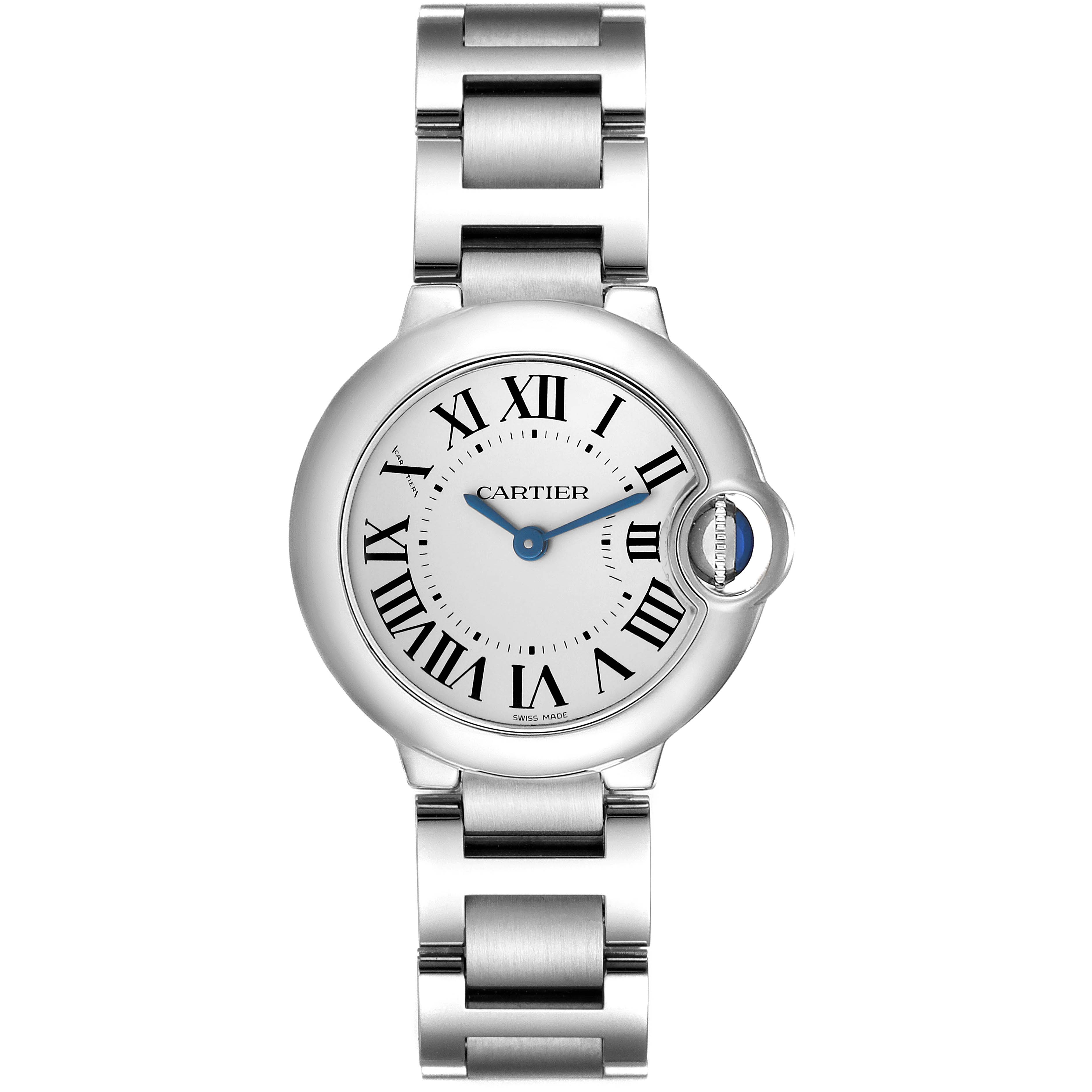 The image shows a front view of the Cartier Ballon Bleu W69010Z4 Women's Stainless Steel Silver Dial W69010Z4 Women's Stainless Steel Silver Dial watch, highlighting the dial, hands, and bracelet.