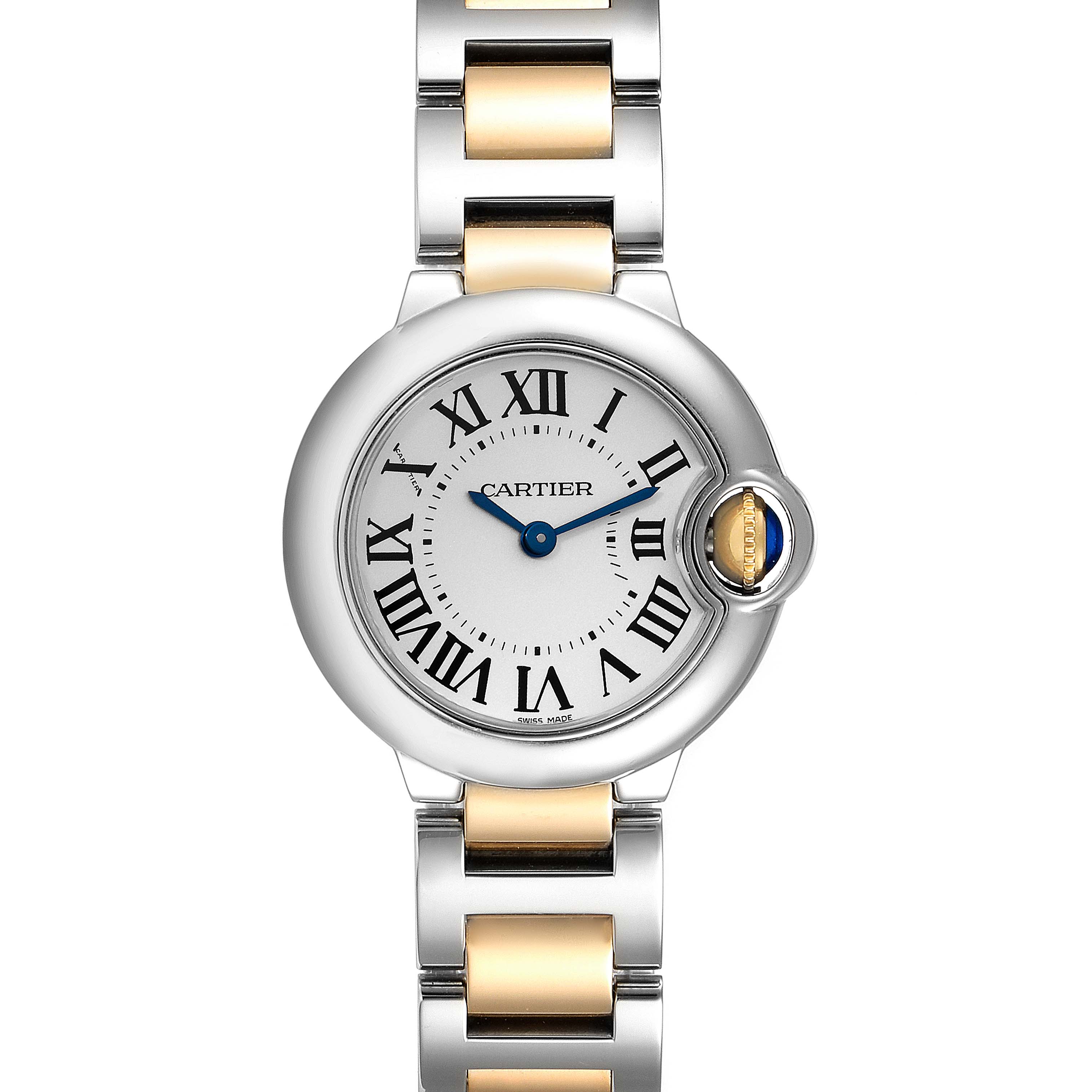The image shows a front view of the Cartier Ballon Bleu W2BB0010 Women
s Steel and Gold (two tone) Silver Dial W2BB0010 Women
s Steel and Gold (two tone) Silver Dial watch, highlighting the face, bezel, and part of the bracelet.