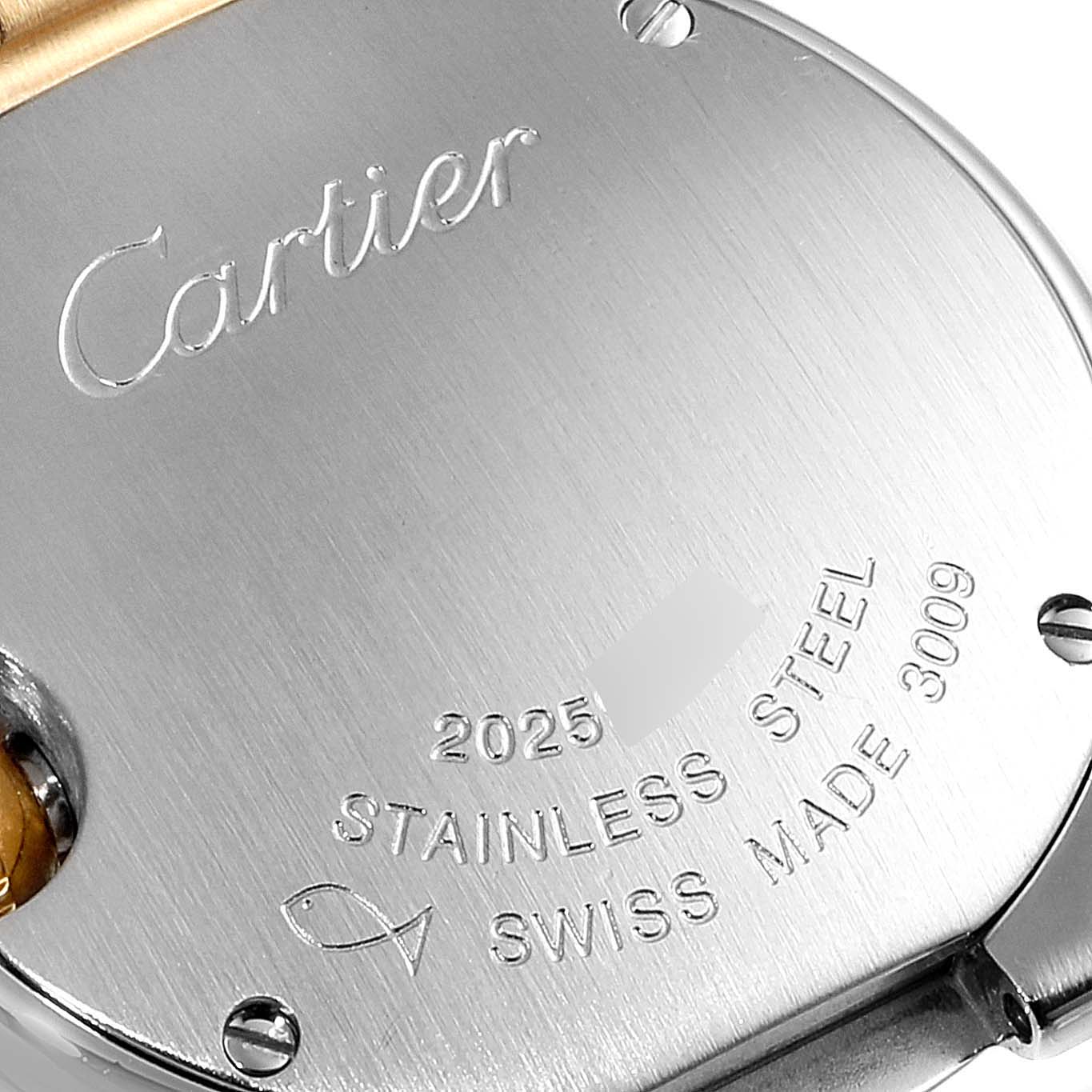 This image shows the back of the Ballon Bleu model by Cartier, displaying stainless steel material and Swiss Made inscriptions.