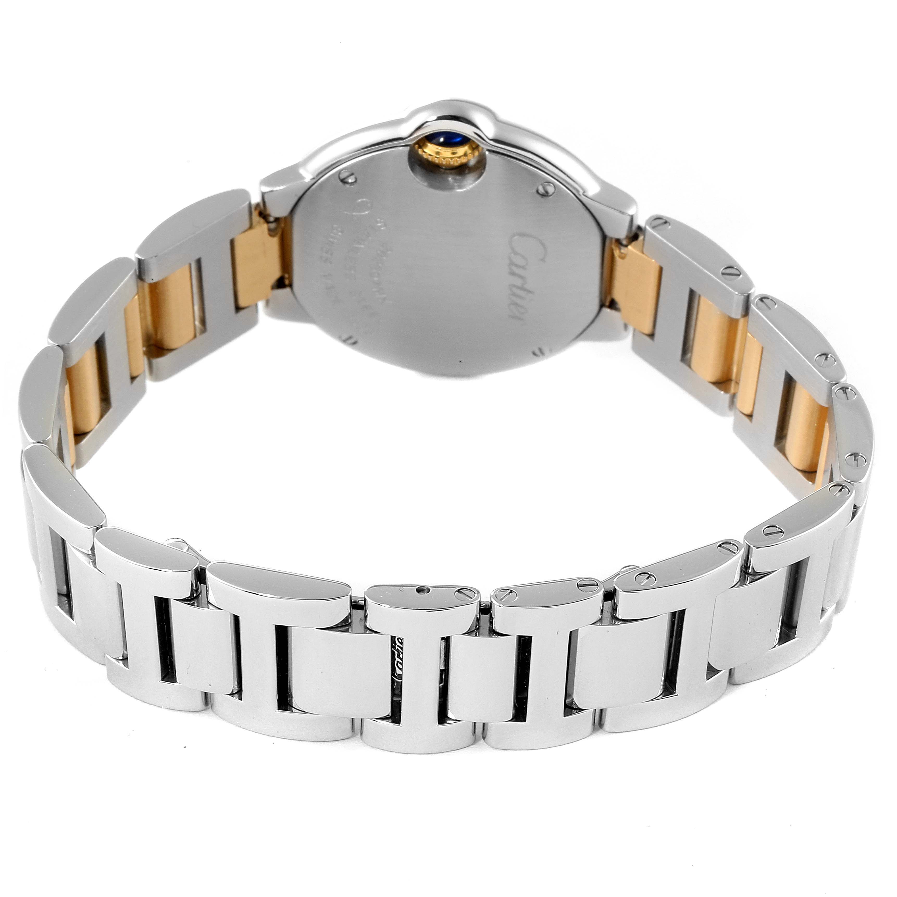This image shows the back of the Ballon Bleu de Cartier watch, highlighting its metal bracelet and case.