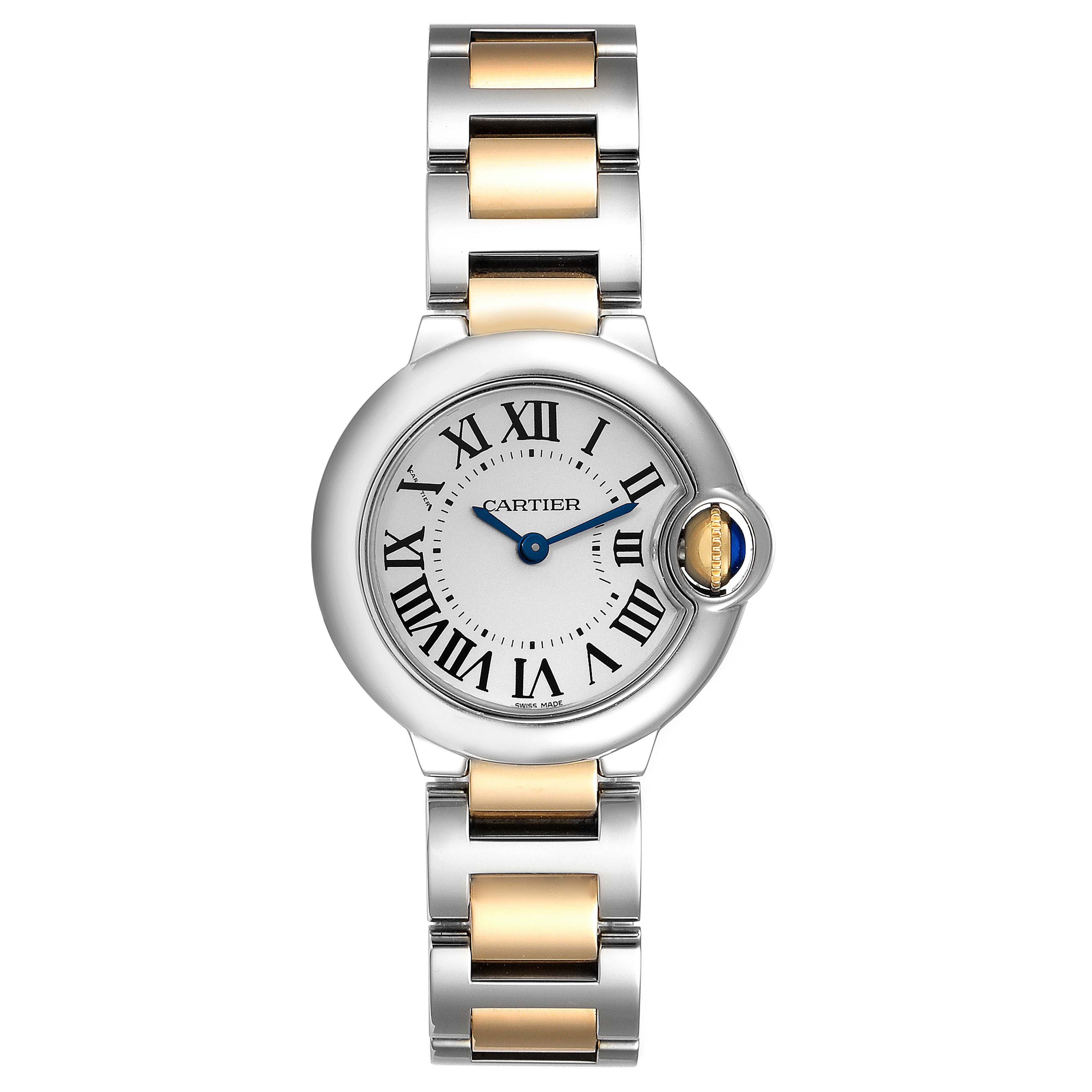 The image shows a front view of the Cartier Ballon Bleu W2BB0010 Women
s Steel and Gold (two tone) Silver Dial W2BB0010 Women
s Steel and Gold (two tone) Silver Dial watch, showcasing its face, bezel, and bracelet.