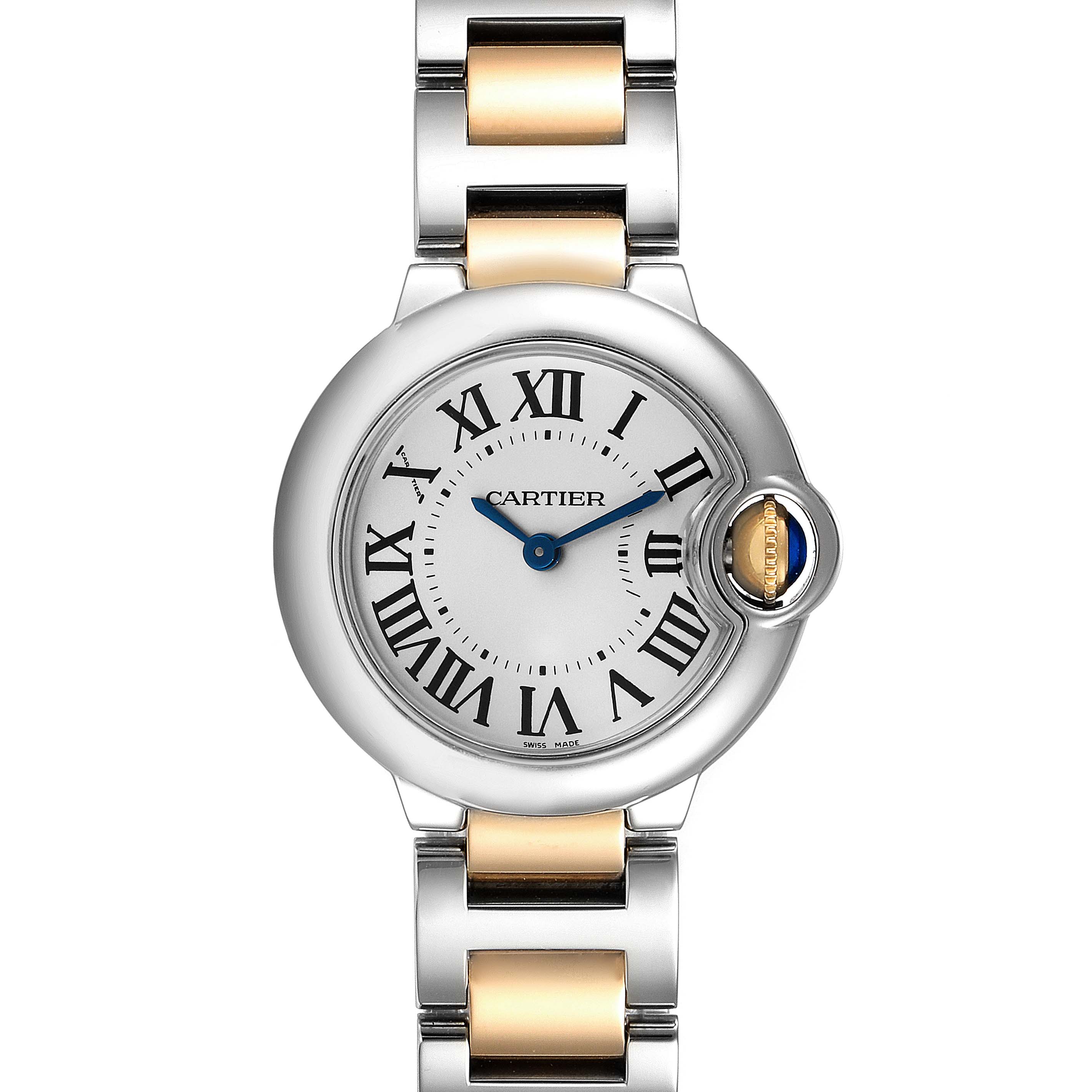 The image shows a front view of the Cartier Ballon Bleu W2BB0010 Women's Steel and Gold (two tone) Silver Dial W2BB0010 Women's Steel and Gold (two tone) Silver Dial watch, displaying the face and part of the two-tone bracelet.