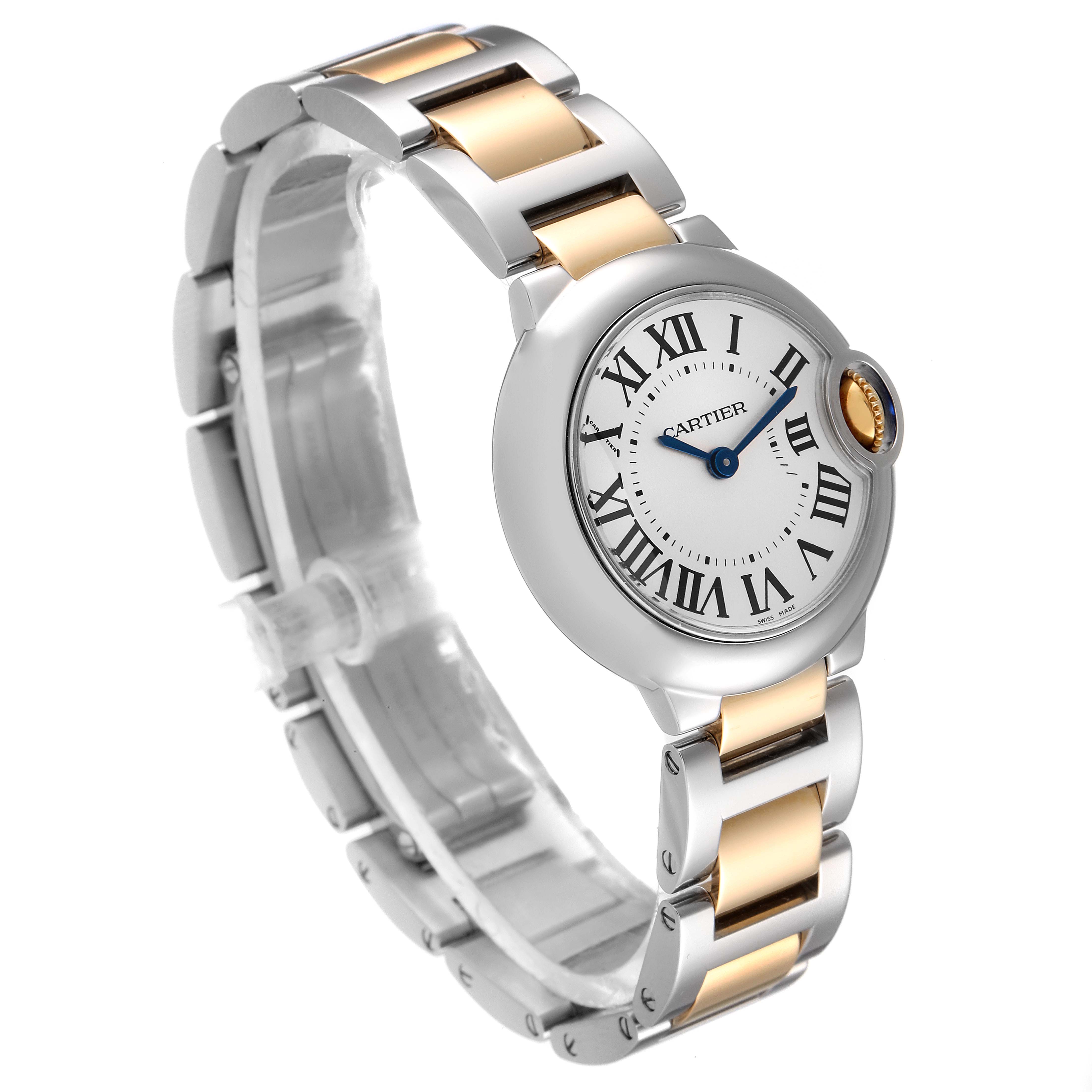 The Cartier Ballon Bleu W2BB0010 Women's Steel and Gold (two tone) Silver Dial W2BB0010 Women's Steel and Gold (two tone) Silver Dial watch is shown at a quarter-side angle, highlighting its face, bezel, and bracelet.