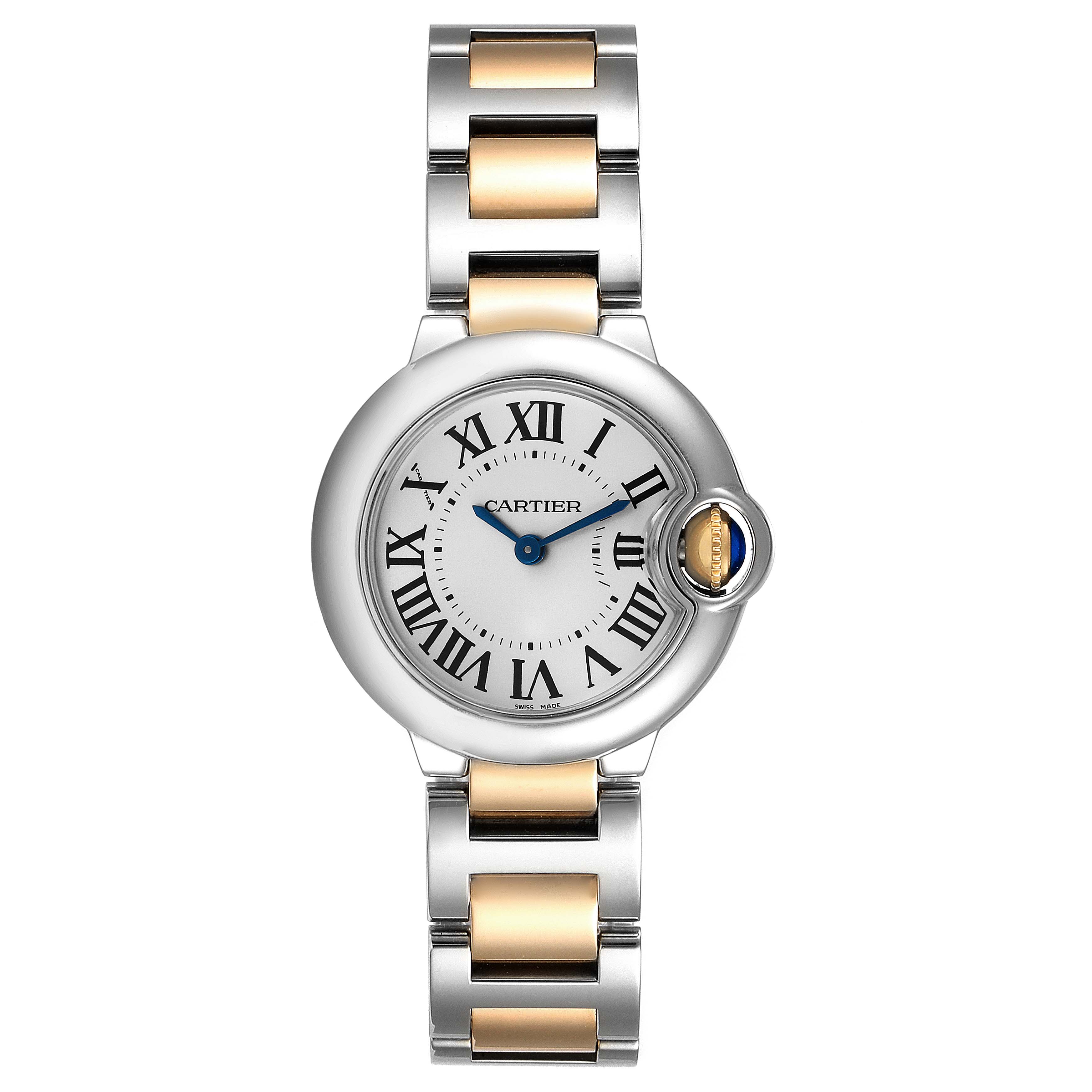 The image shows a front view of the Ballon Bleu de Cartier watch, displaying the face, Roman numerals, and two-tone bracelet.