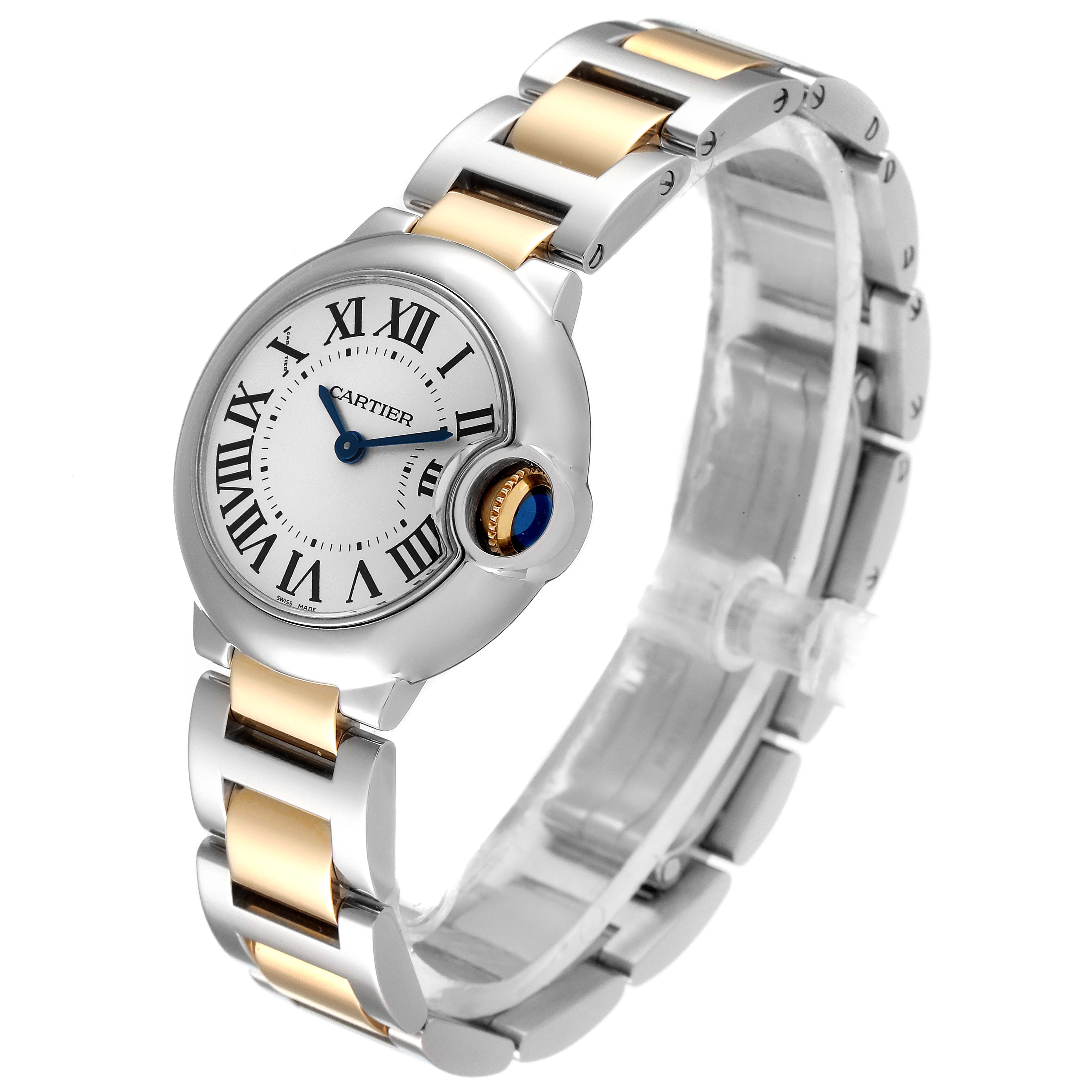 The image shows a Cartier Ballon Bleu W2BB0010 Women's Steel and Gold (two tone) Silver Dial W2BB0010 Women's Steel and Gold (two tone) Silver Dial watch at a three-quarter angle, displaying its face, bracelet, and side profile.