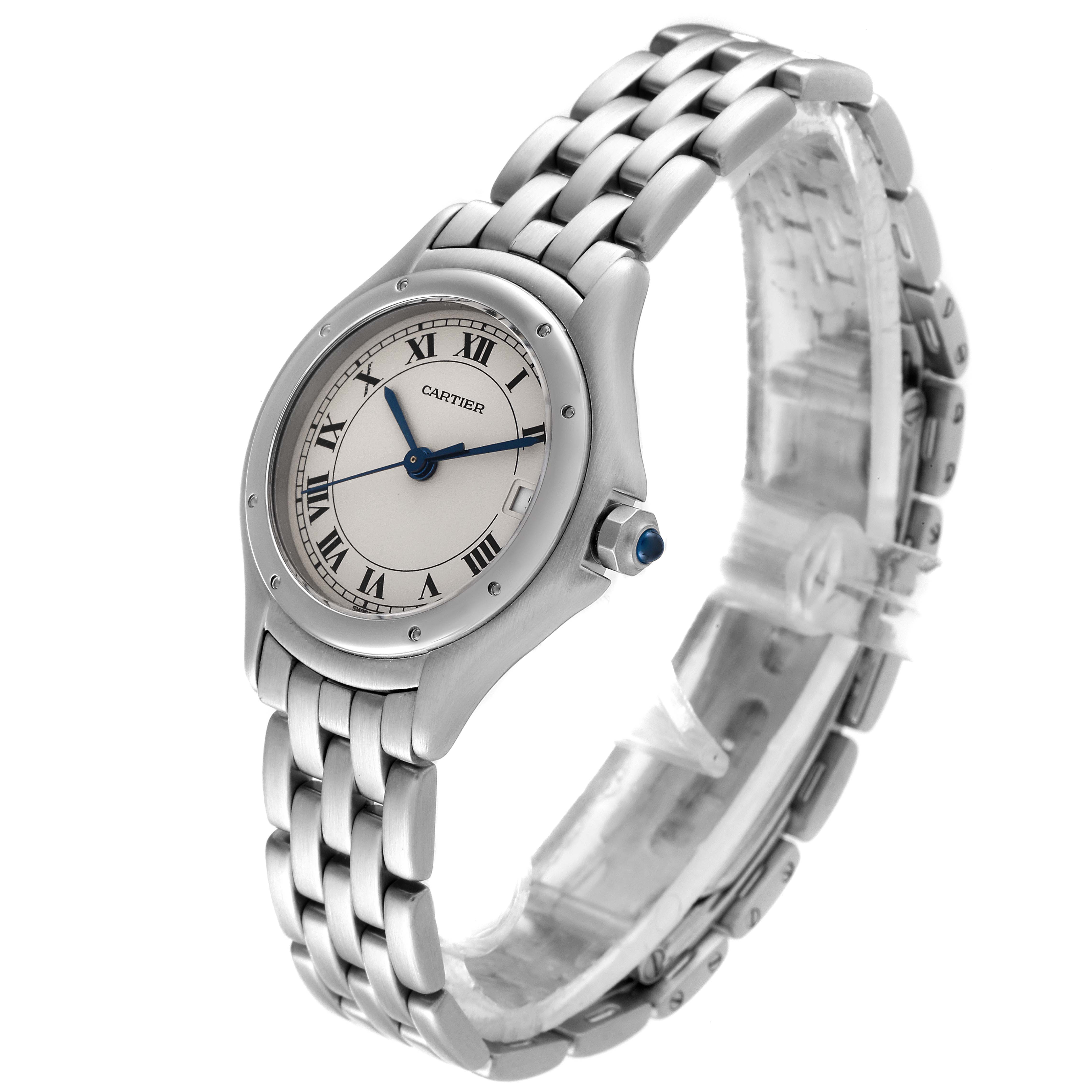 This image shows a side and front view of the Cartier Panthere 987906 Women's Stainless Steel Silver Dial 987906 Women's Stainless Steel Silver Dial watch, highlighting its face, bezel, crown, and bracelet.