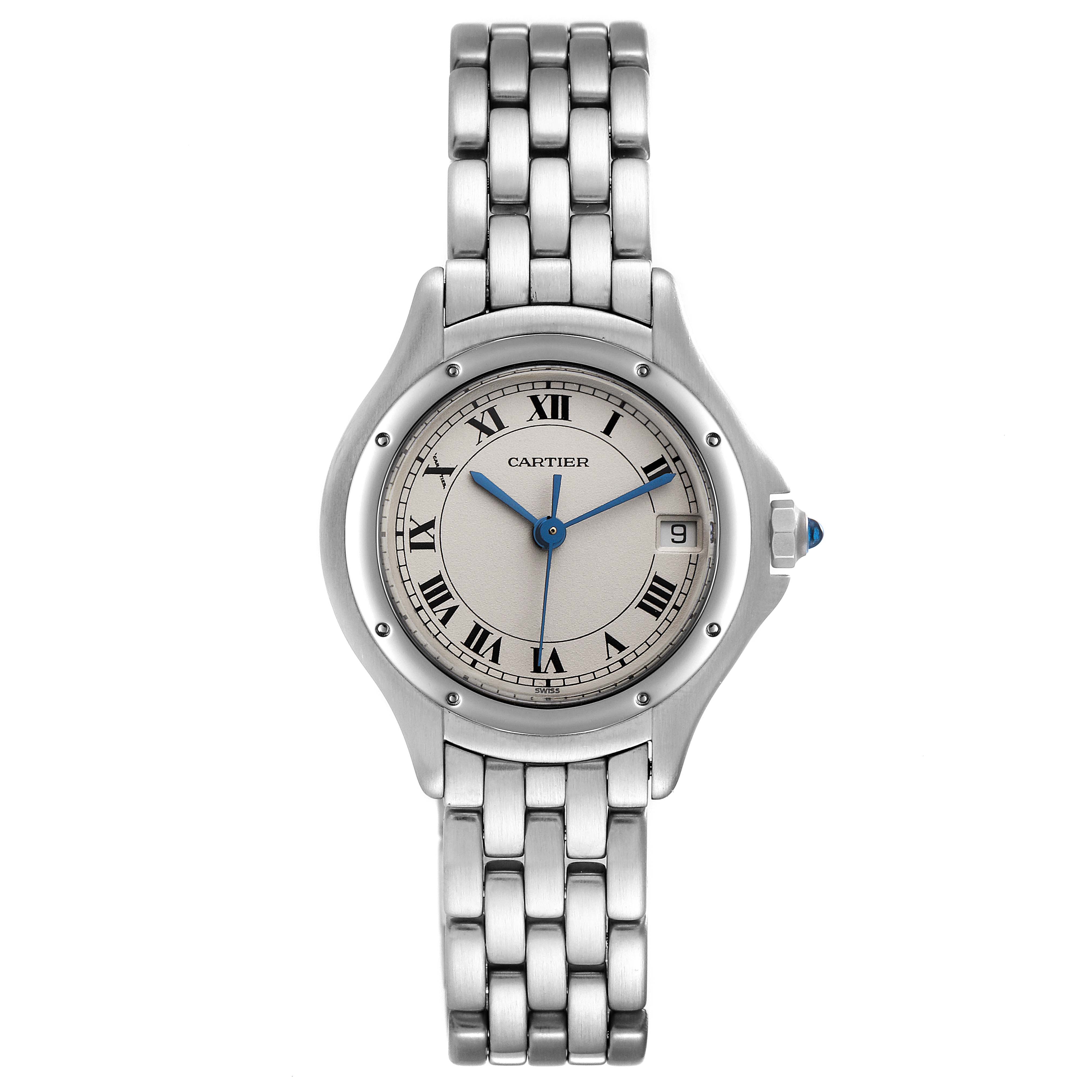The image shows a front angle view of a Cartier Panthere 987906 Women's Stainless Steel Silver Dial 987906 Women's Stainless Steel Silver Dial watch, including the face, bezel, bracelet, and crown.