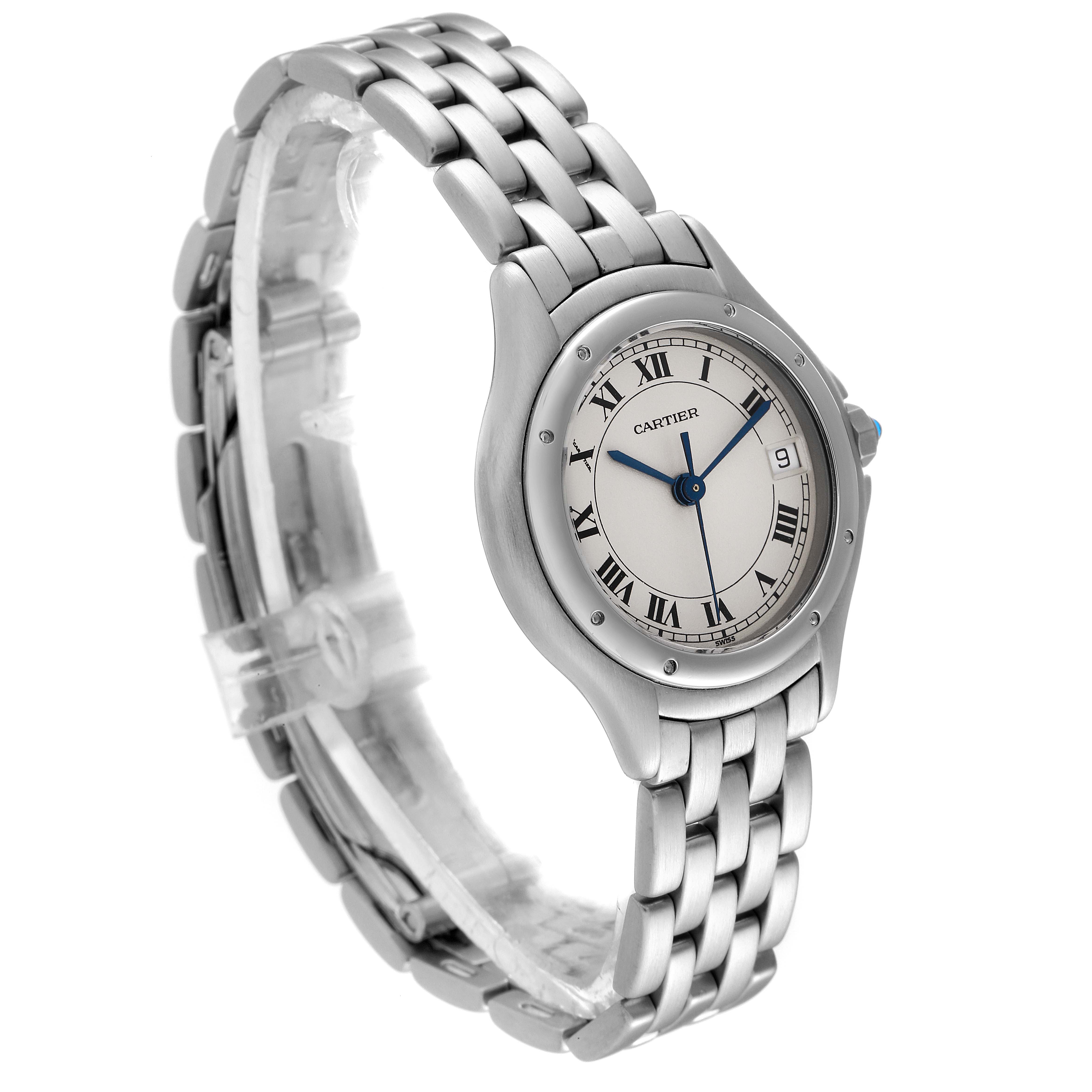 The image shows a Cartier Panthere 987906 Women's Stainless Steel Silver Dial 987906 Women's Stainless Steel Silver Dial model watch at a slight angle, highlighting the dial, bracelet, and clasp.