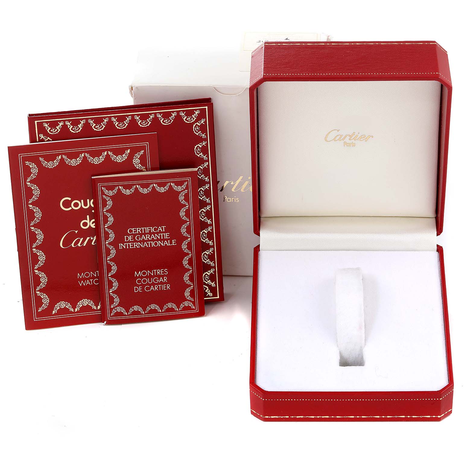 This image shows the packaging and manuals for a Panthere model by Cartier, including an open watch box and red booklets.