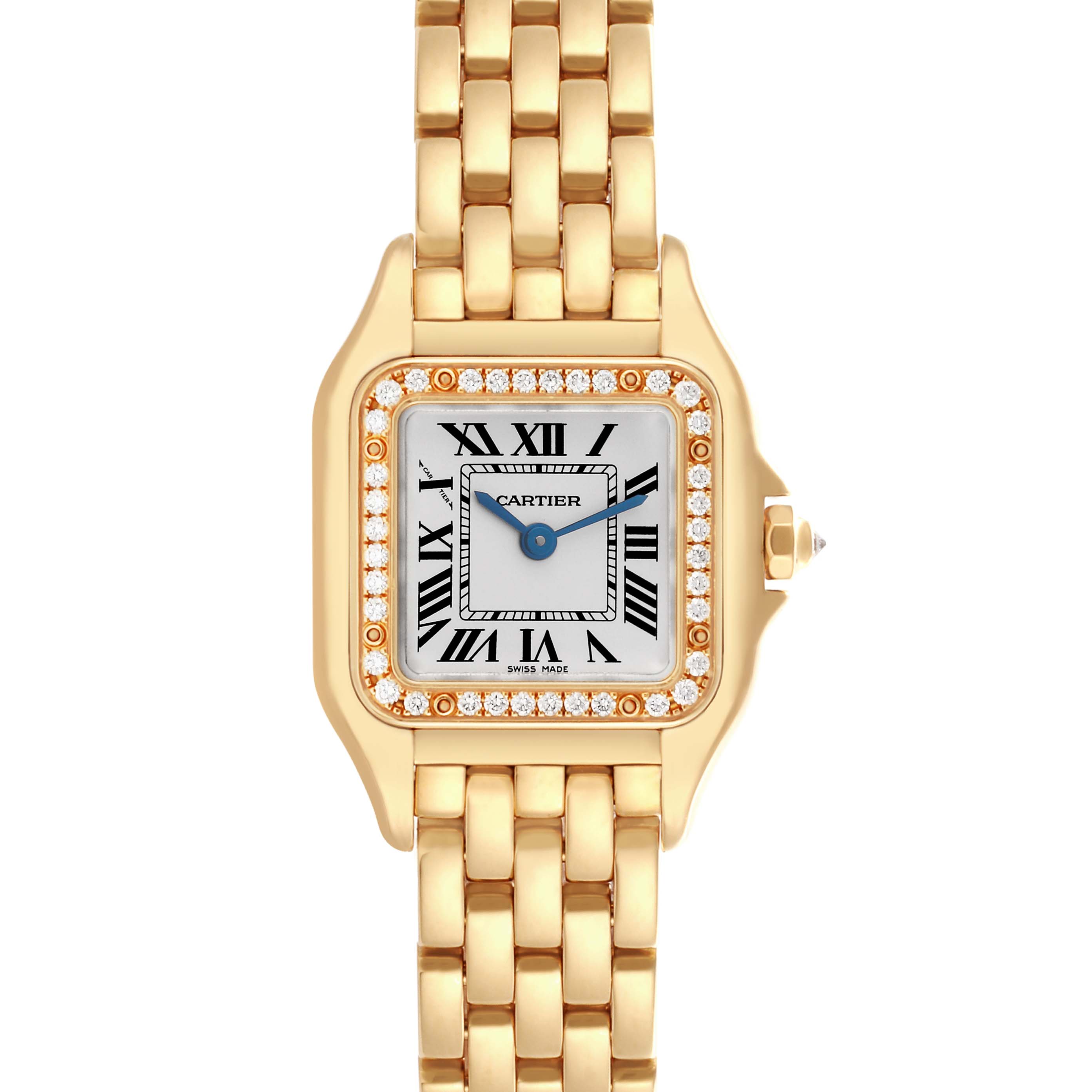 The Cartier Panthere WJPN0015 Women's Yellow Gold Silver Dial WJPN0015 Women's Yellow Gold Silver Dial watch is shown from a top view, highlighting its gold case, diamond bezel, Roman numeral dial, and bracelet.