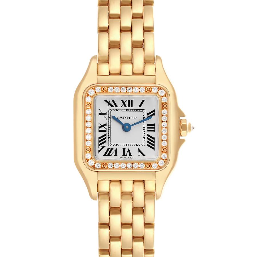 The Cartier Panthere watch is shown from a top view, highlighting its gold case, diamond bezel, Roman numeral dial, and bracelet.