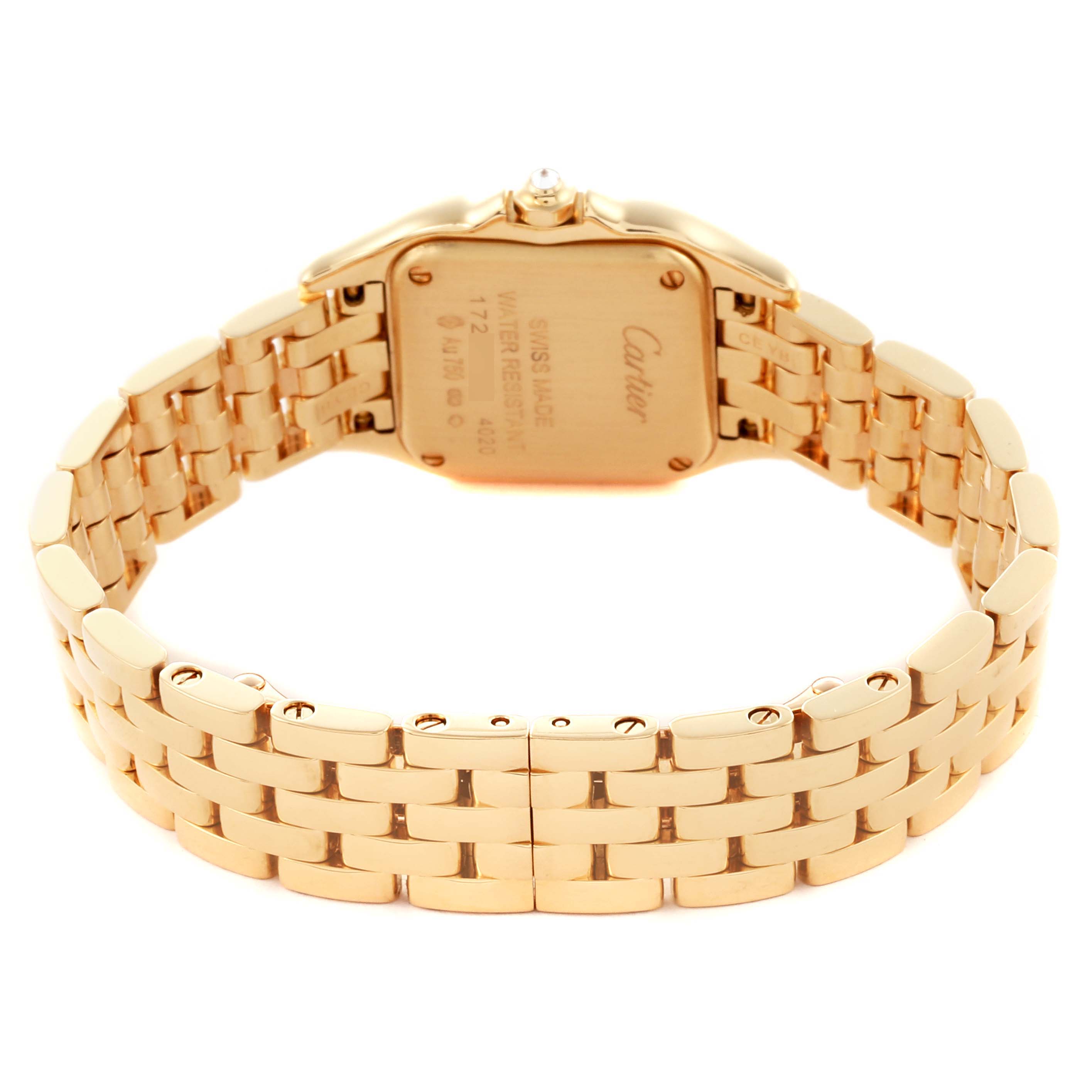 The image shows the back of the Cartier Panthère watch, highlighting the bracelet and case back.