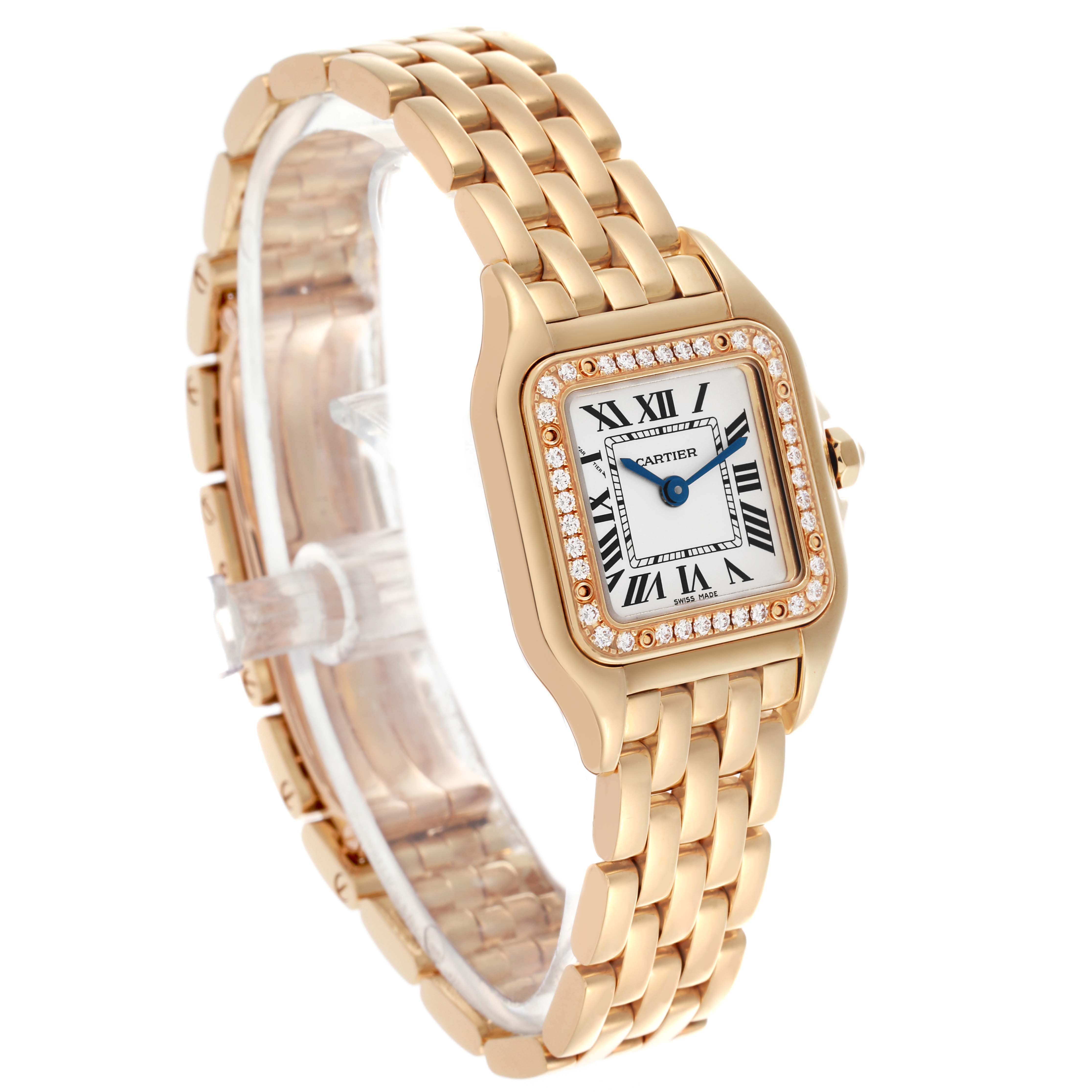 The Cartier Panthere WJPN0015 Women's Yellow Gold Silver Dial WJPN0015 Women's Yellow Gold Silver Dial watch is shown at a three-quarter angle highlighting its bracelet, square face, and diamond-set bezel.