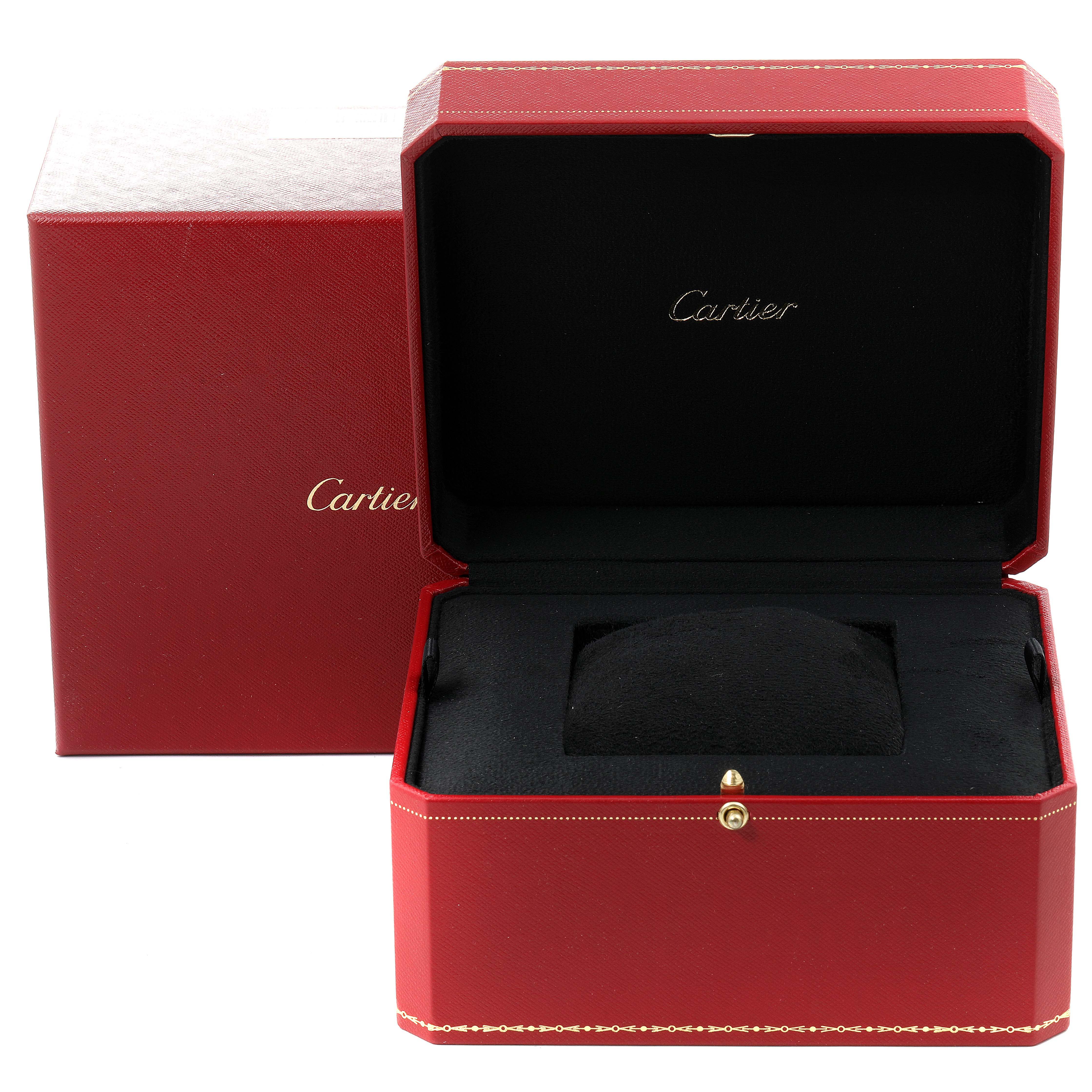 The image shows a red Cartier Panthere W25022B9 Women
s Yellow Gold Silver Dial W25022B9 Women
s Yellow Gold Silver Dial watch box, open and angled to display the interior and exterior branding.