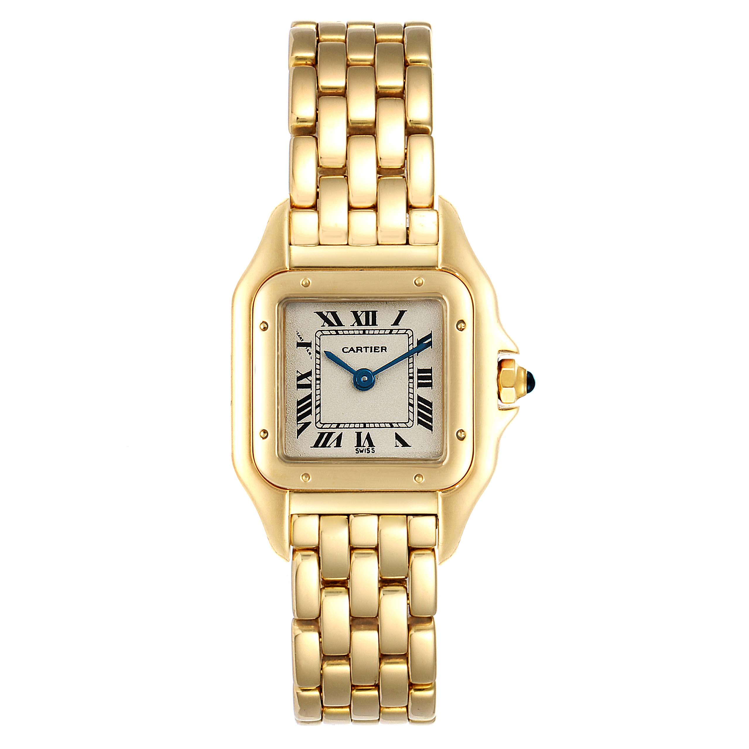 The image shows a front view of a Cartier Panthere W25022B9 Women
s Yellow Gold Silver Dial W25022B9 Women
s Yellow Gold Silver Dial model watch with a gold square face and bracelet.