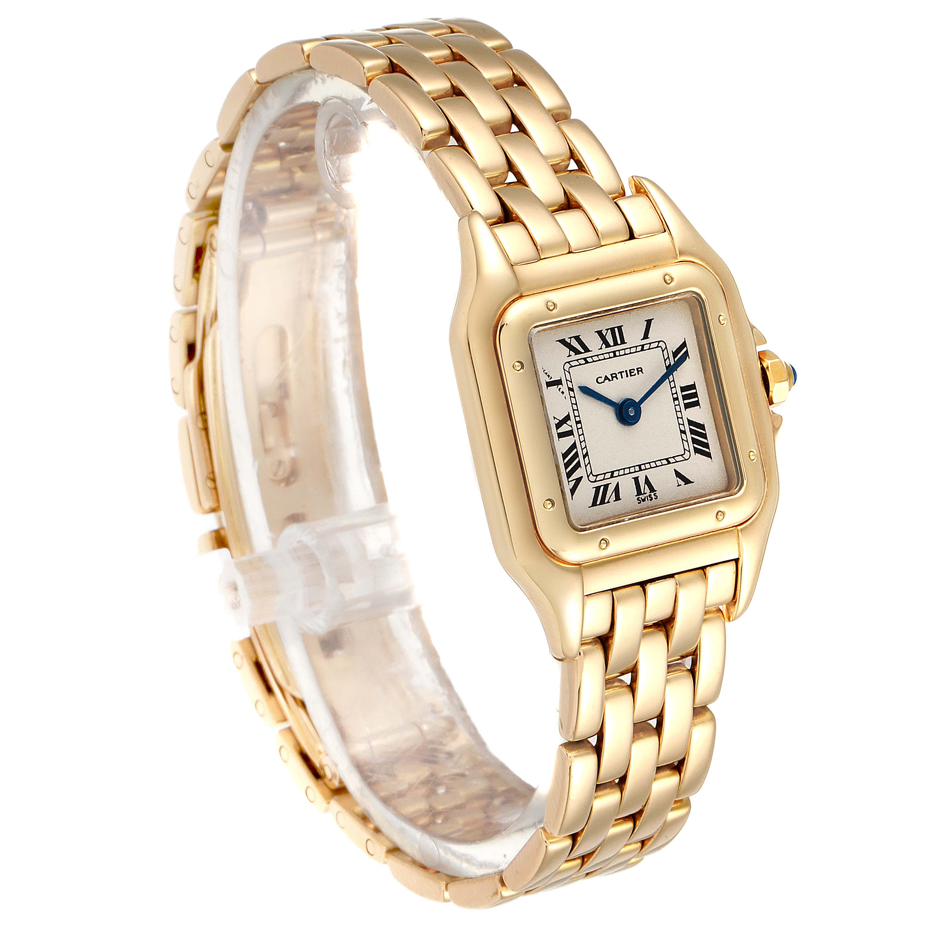 This image shows an angled view of the Cartier Panthere W25022B9 Women
s Yellow Gold Silver Dial W25022B9 Women
s Yellow Gold Silver Dial watch, displaying its face, bezel, and linked bracelet.