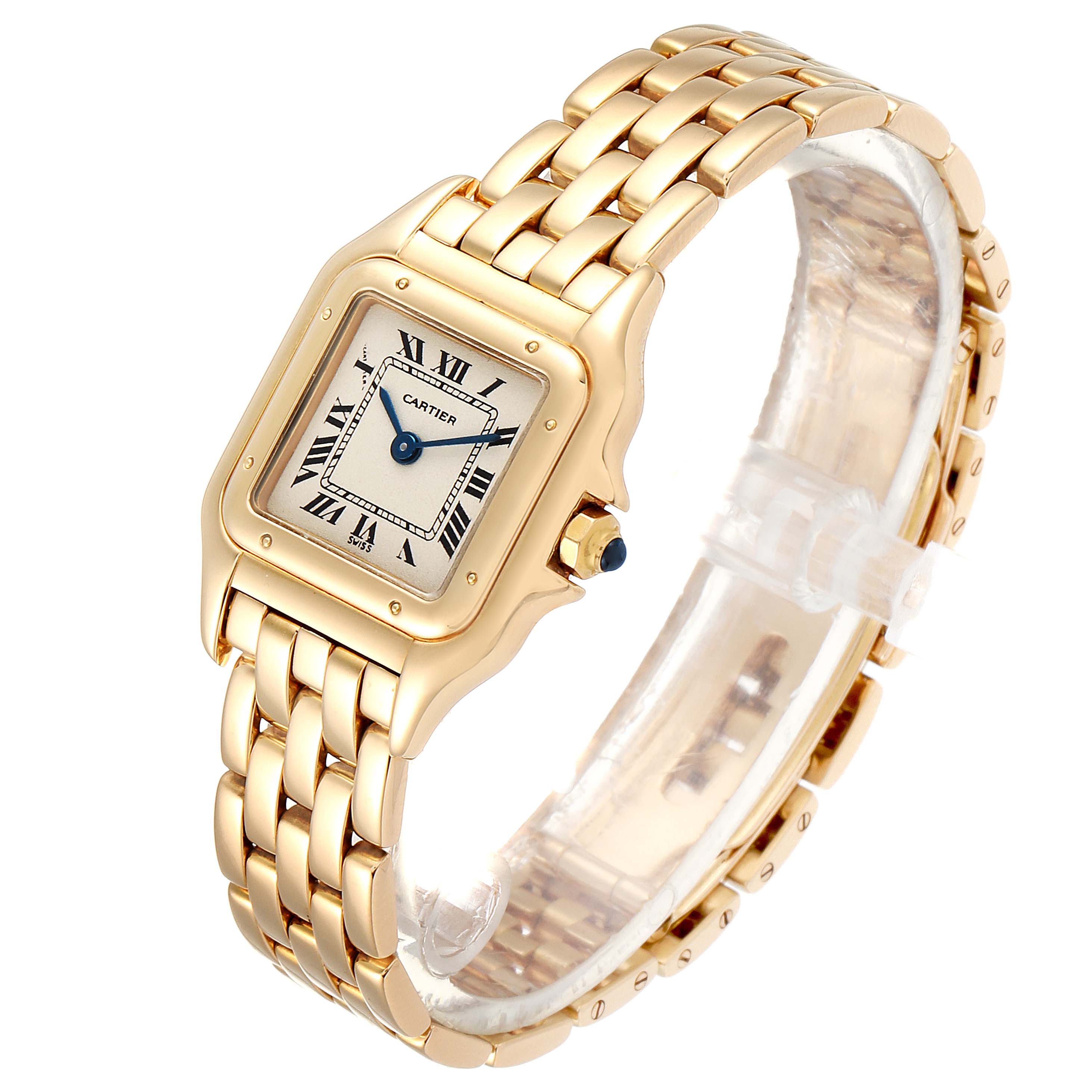 The image shows the Cartier Panthère watch at an angled view, highlighting its gold band, square face, and Roman numerals.