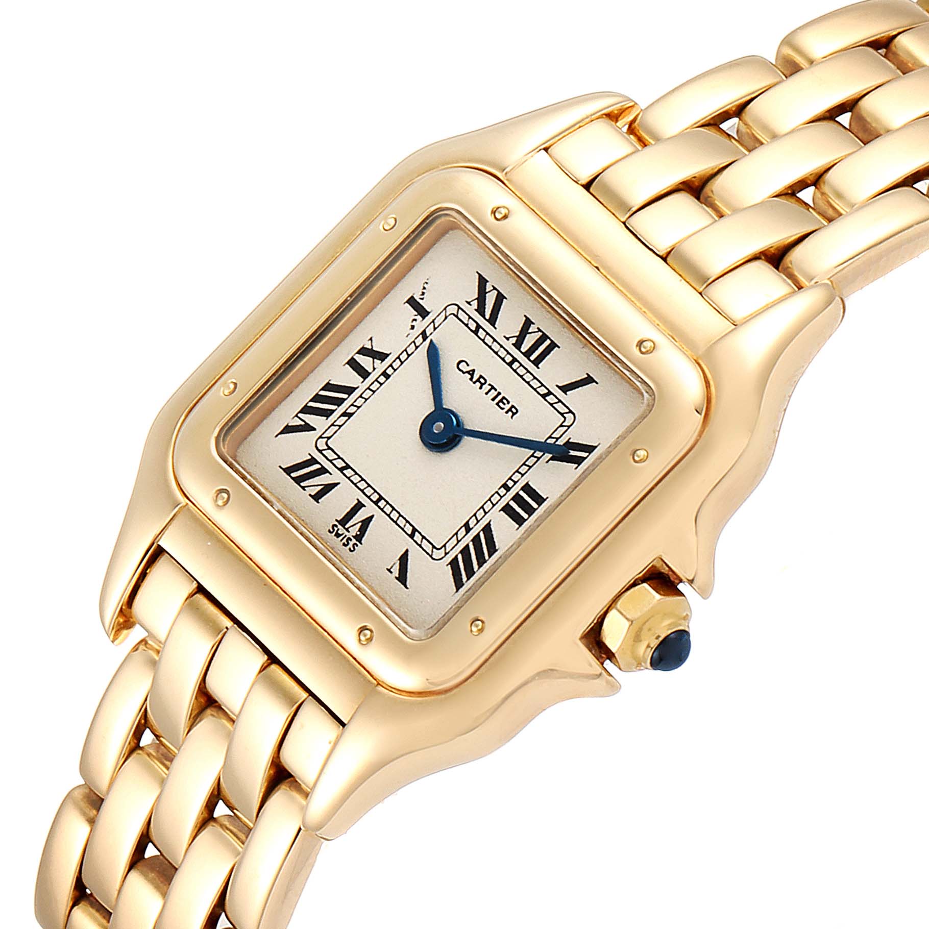 The image shows a close-up view of a Cartier Panthere W25022B9 Women
s Yellow Gold Silver Dial W25022B9 Women
s Yellow Gold Silver Dial watch, highlighting its gold case, Roman numeral dial, and bracelet.