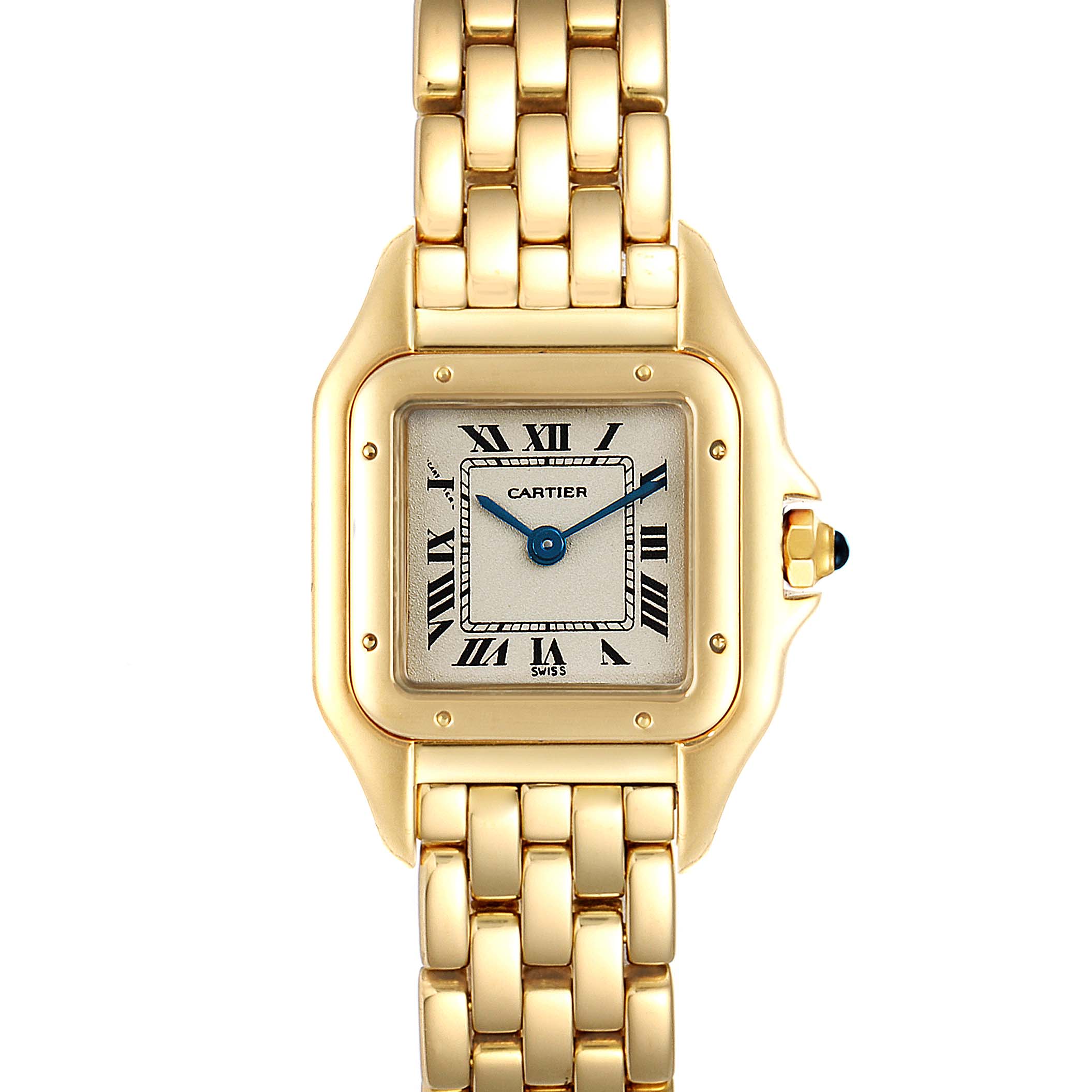 This image shows a frontal view of a Cartier Panthere W25022B9 Women
s Yellow Gold Silver Dial W25022B9 Women
s Yellow Gold Silver Dial watch, highlighting its gold band and square dial with Roman numerals.