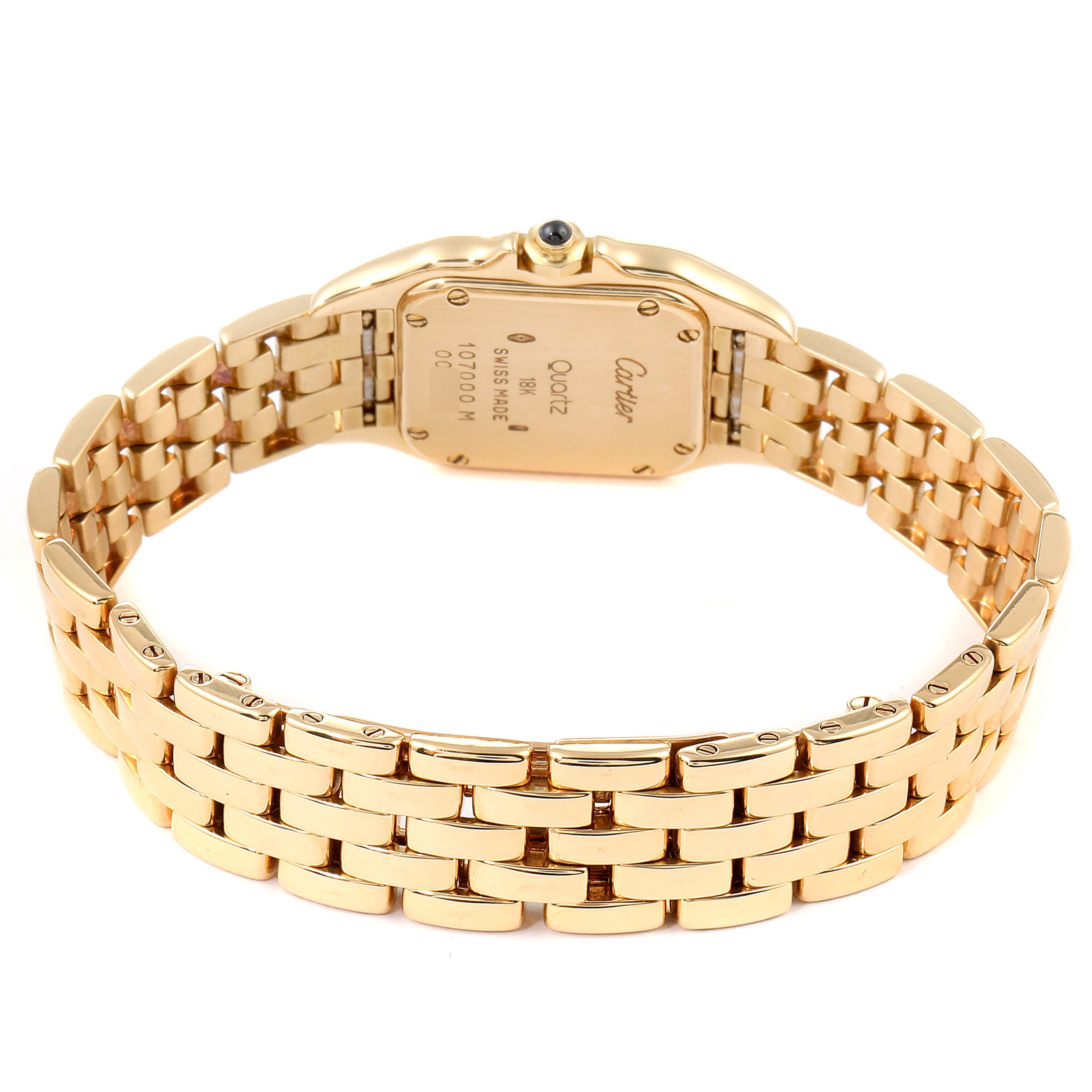 The image shows the back view of a Cartier Panthère watch featuring its gold bracelet and case back.