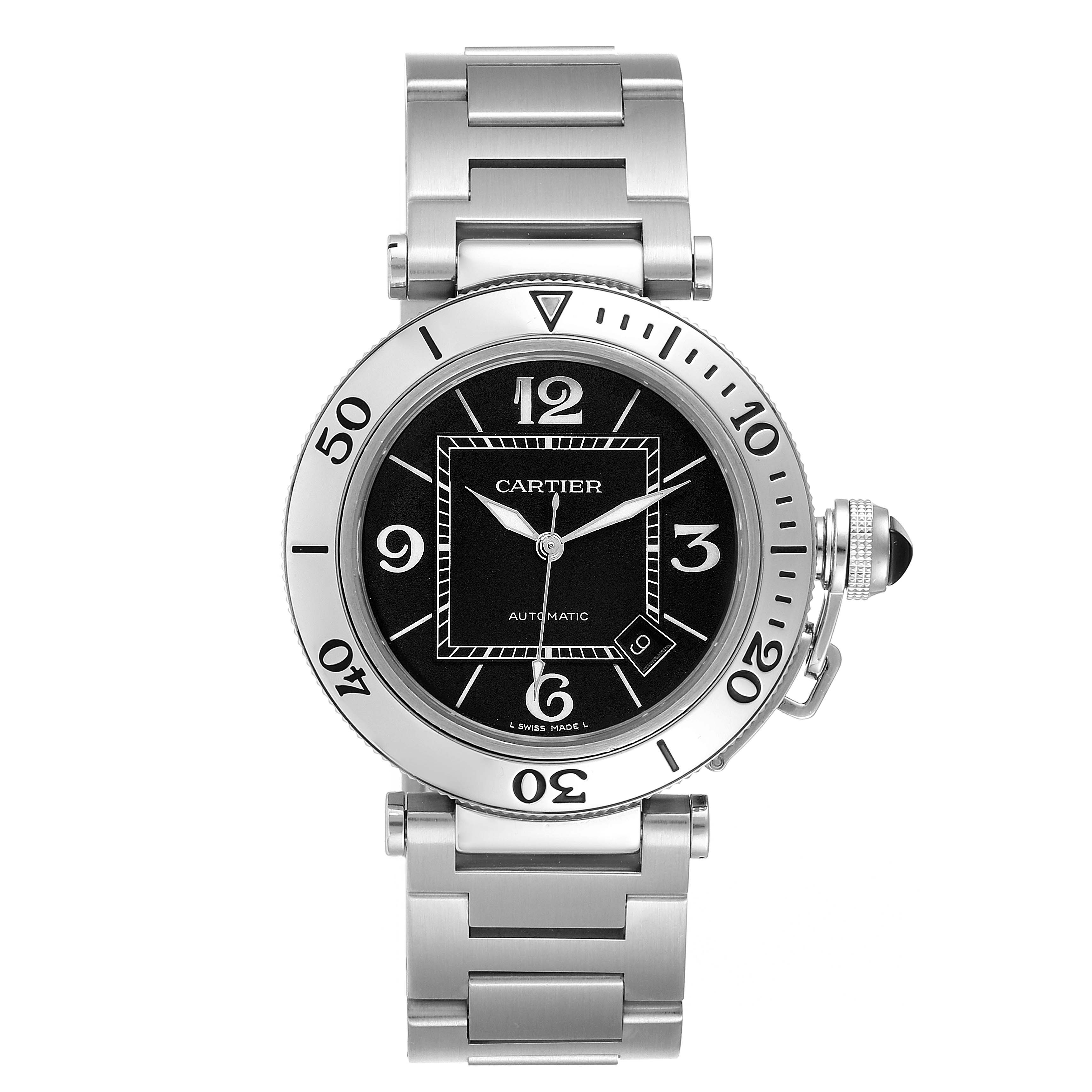 The image shows a front view of a Cartier Pasha W31077M7 Men's Stainless Steel Black Dial W31077M7 Men's Stainless Steel Black Dial model watch, displaying its face and metal bracelet.