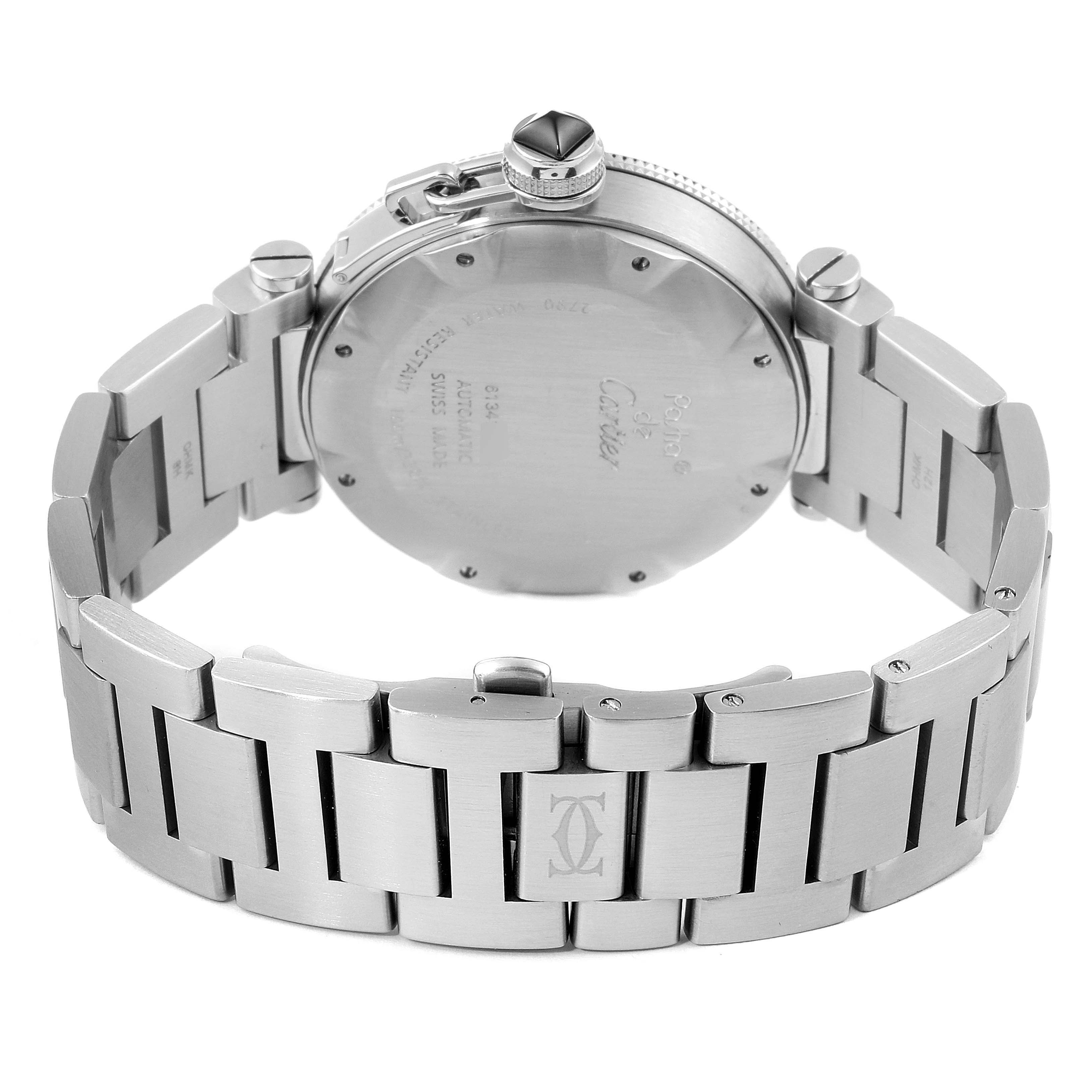 The image shows the back, side, and bracelet of a Cartier Pasha W31077M7 Men's Stainless Steel Black Dial W31077M7 Men's Stainless Steel Black Dial watch, focusing on the case back, crown, and bracelet links.