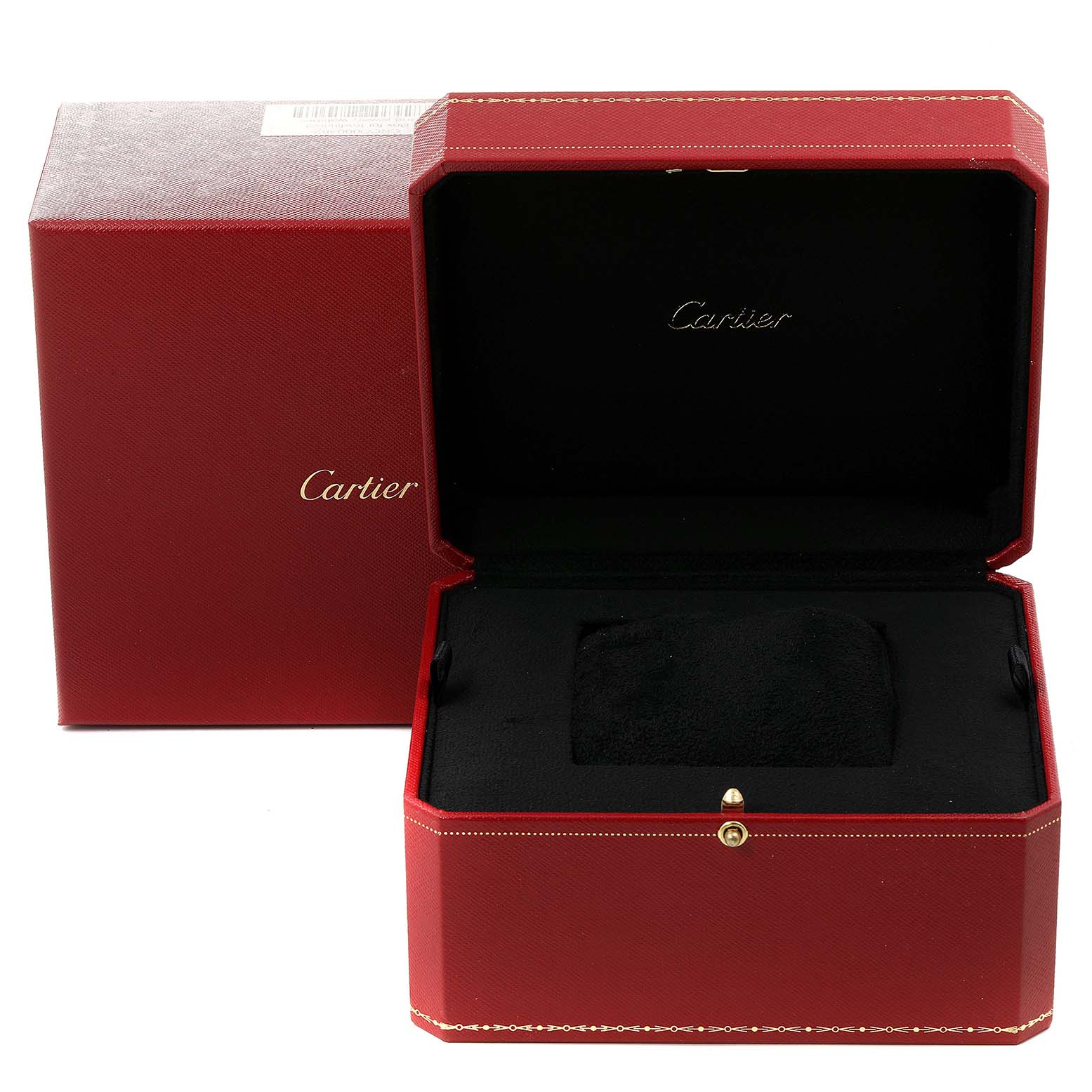 The image shows an open display box and outer box for a Cartier Pasha W31077M7 Men's Stainless Steel Black Dial W31077M7 Men's Stainless Steel Black Dial watch.