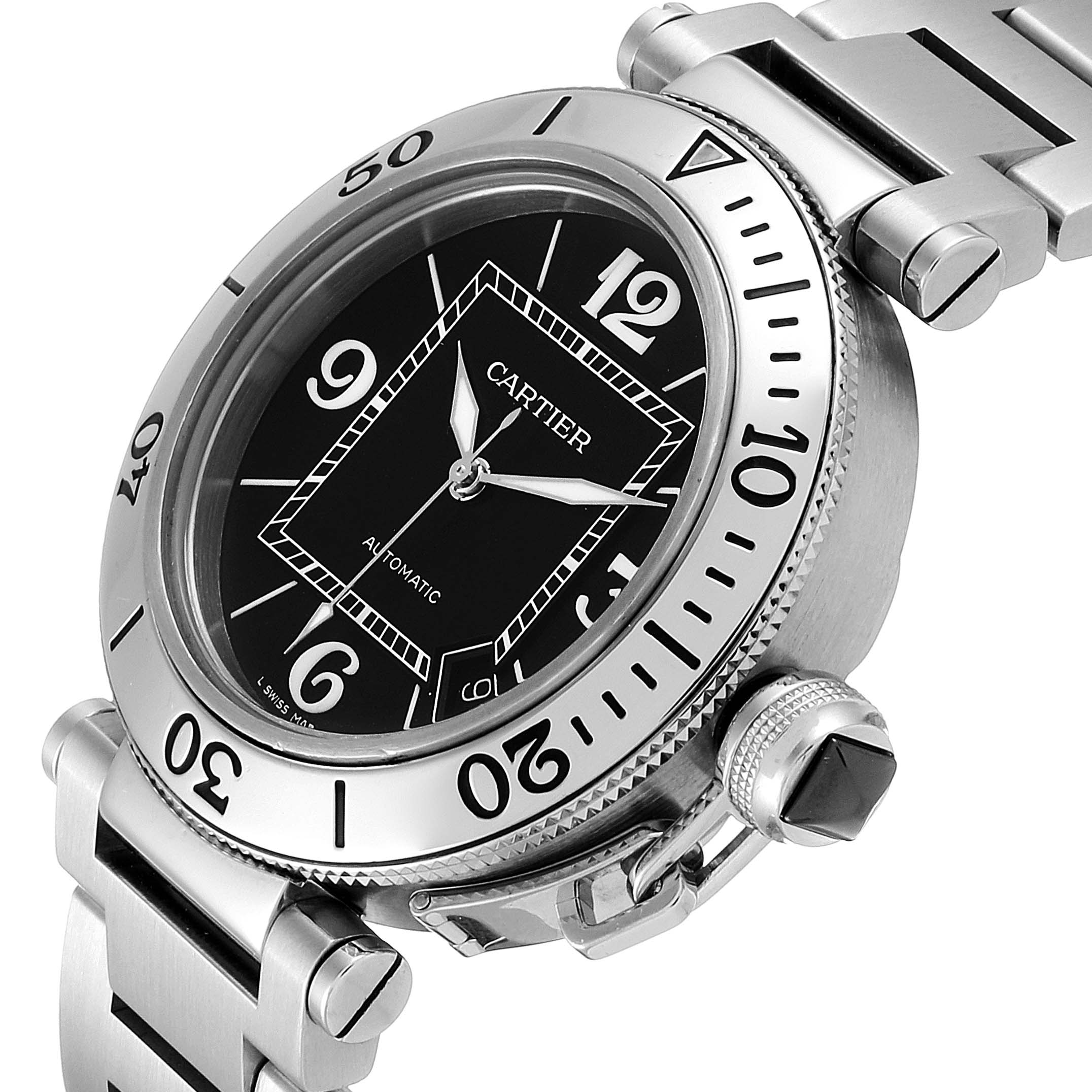 This image shows a close-up angle of the Cartier Pasha W31077M7 Men's Stainless Steel Black Dial W31077M7 Men's Stainless Steel Black Dial watch, highlighting the face, bezel, and part of the bracelet.