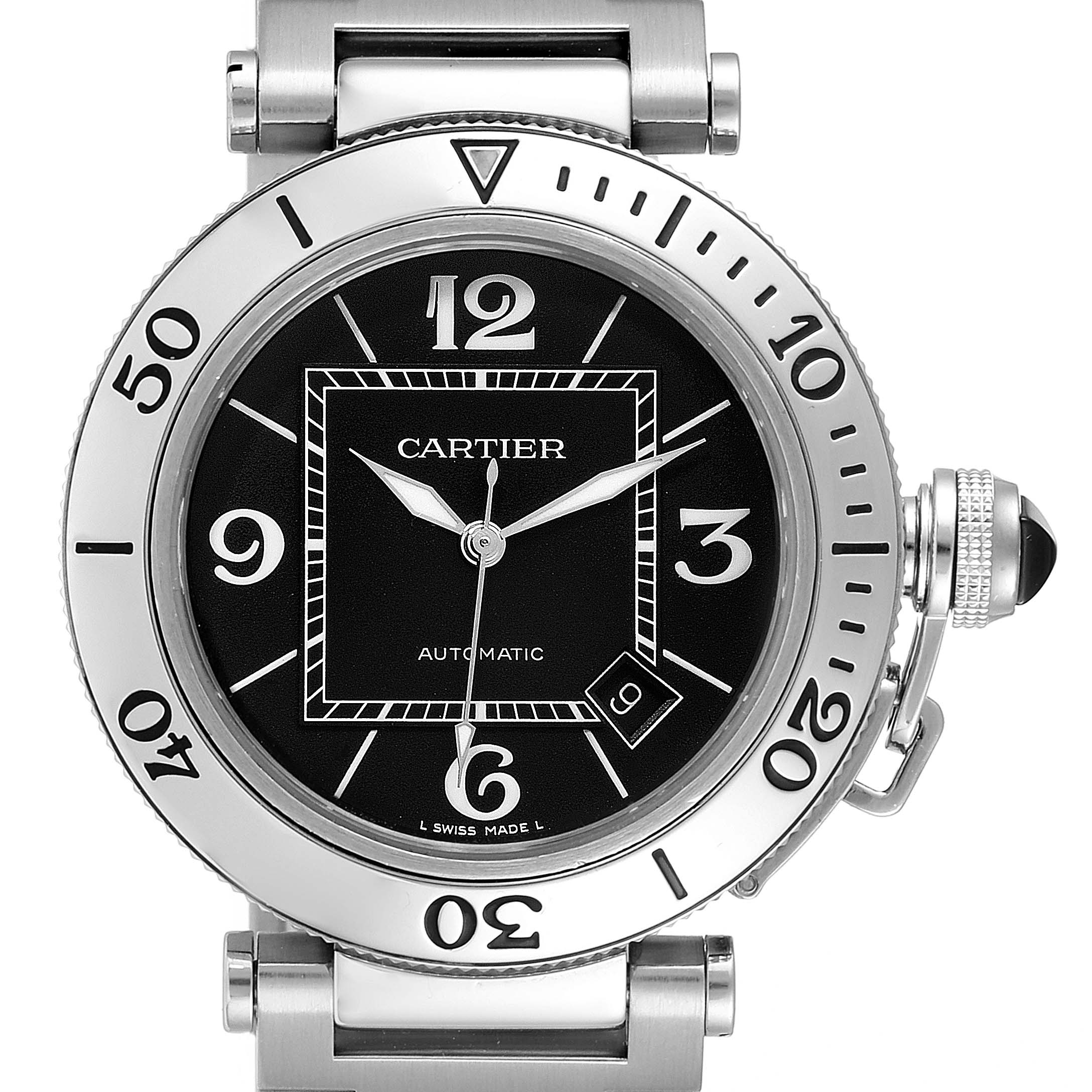 The image shows the front view of the Cartier Pasha W31077M7 Men's Stainless Steel Black Dial W31077M7 Men's Stainless Steel Black Dial watch, displaying its dial, bezel, and crown.