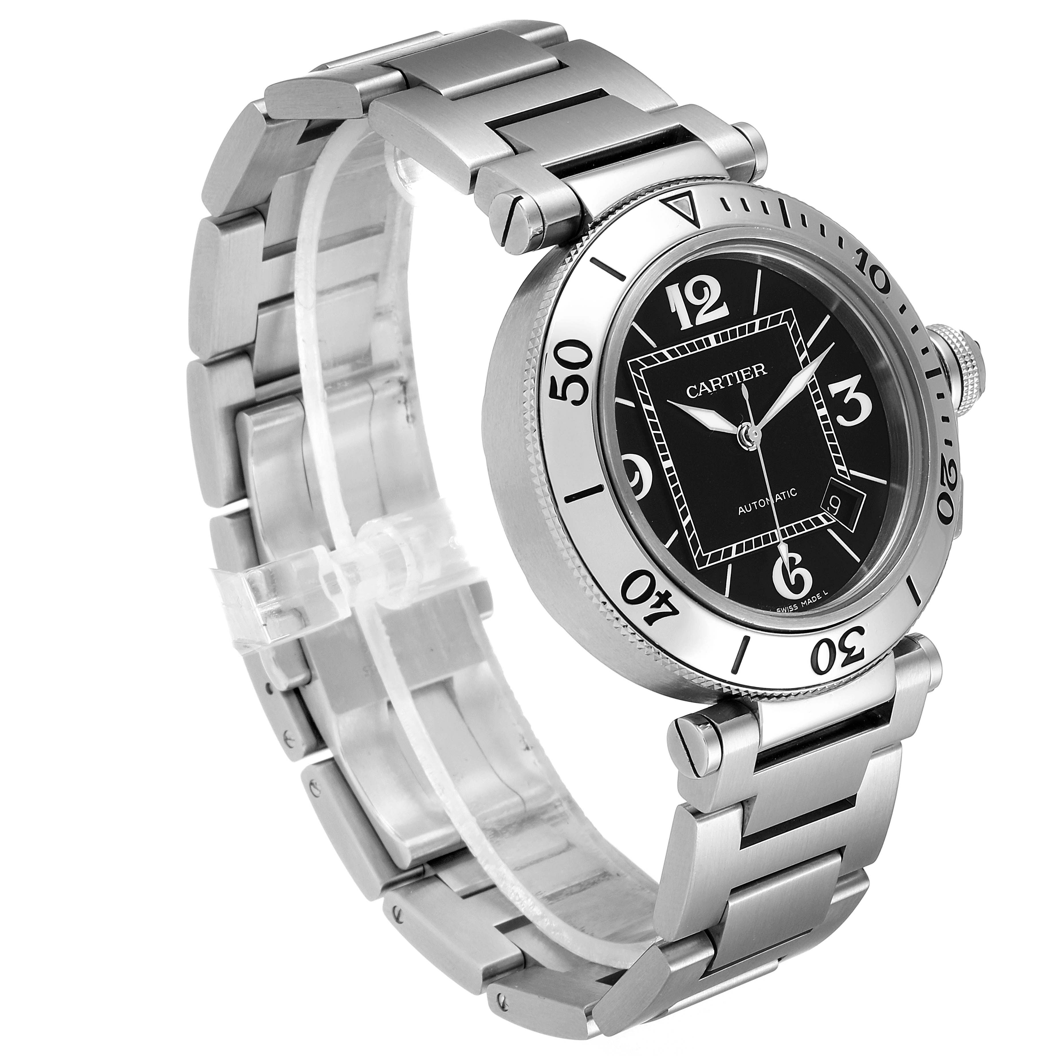 The image shows a side-angle view of the Cartier Pasha W31077M7 Men's Stainless Steel Black Dial W31077M7 Men's Stainless Steel Black Dial watch, highlighting its stainless steel bracelet and black dial.