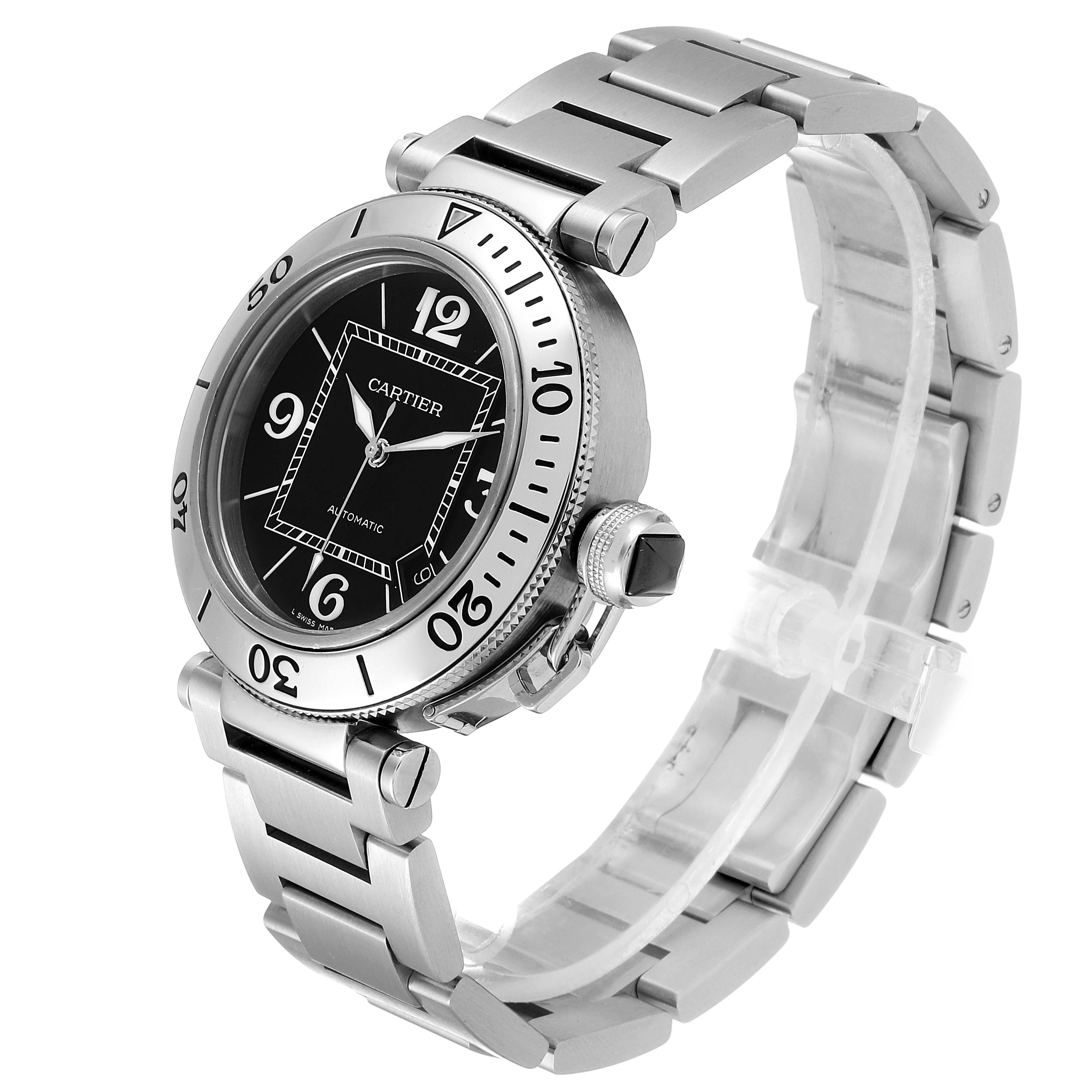 The image shows a Cartier Pasha W31077M7 Men's Stainless Steel Black Dial W31077M7 Men's Stainless Steel Black Dial watch at a three-quarter angle, highlighting its face, bezel, crown, and bracelet.