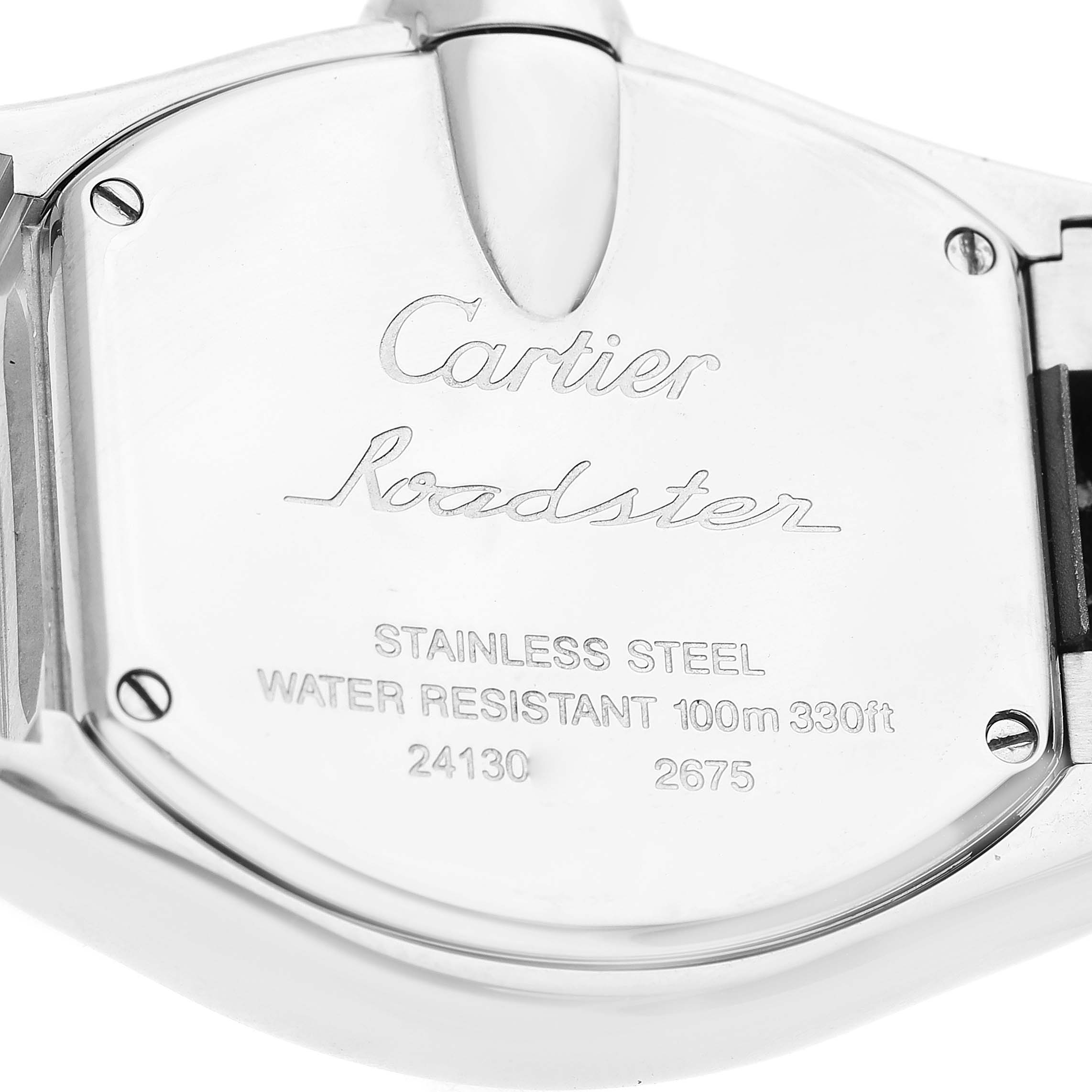 The image shows the back case of a Cartier Roadster W62016V3 Women's Stainless Steel Silver Dial W62016V3 Women's Stainless Steel Silver Dial watch, highlighting its stainless steel and water resistance details.