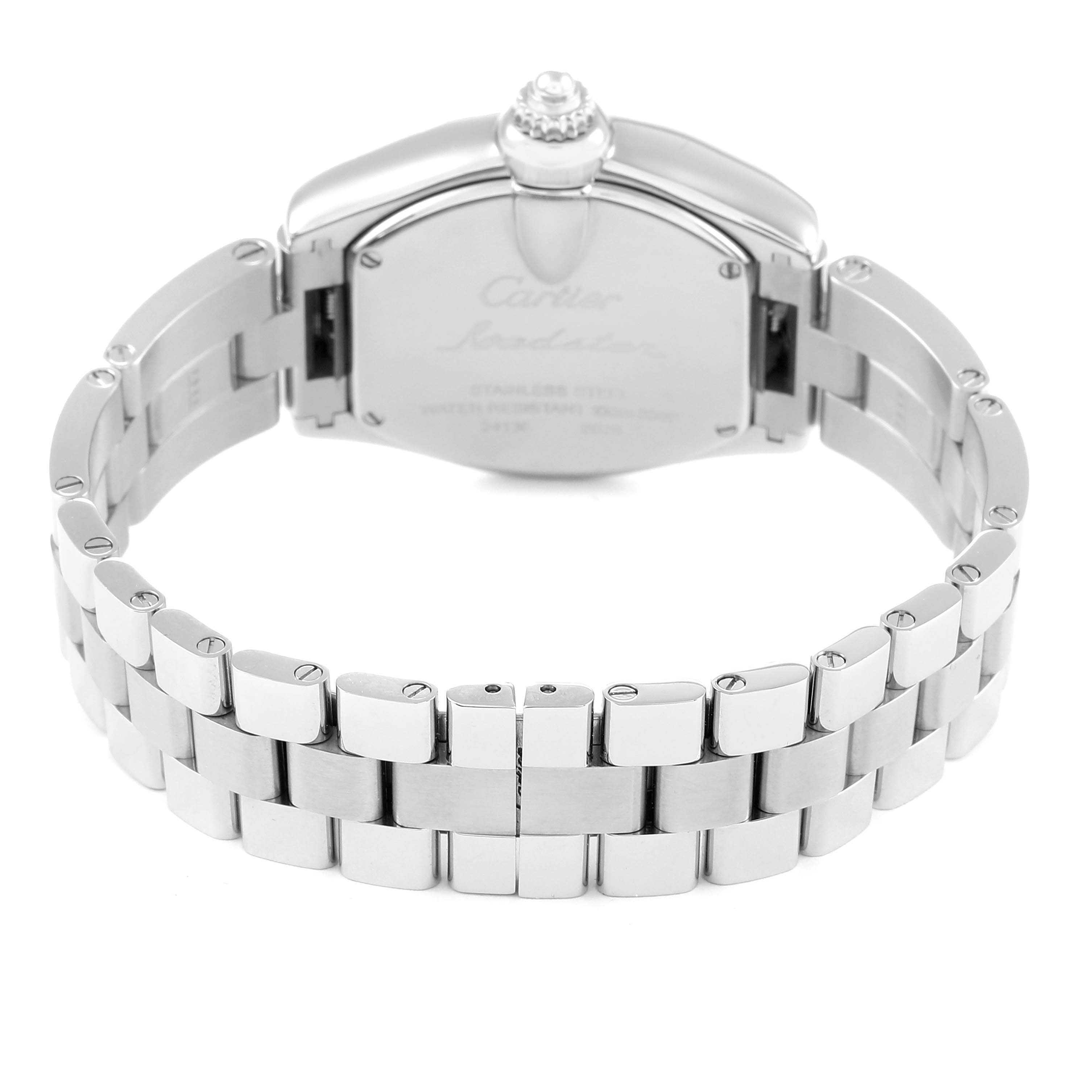 This image shows the back case and bracelet of a Cartier Roadster W62016V3 Women's Stainless Steel Silver Dial W62016V3 Women's Stainless Steel Silver Dial watch at a rear angle.