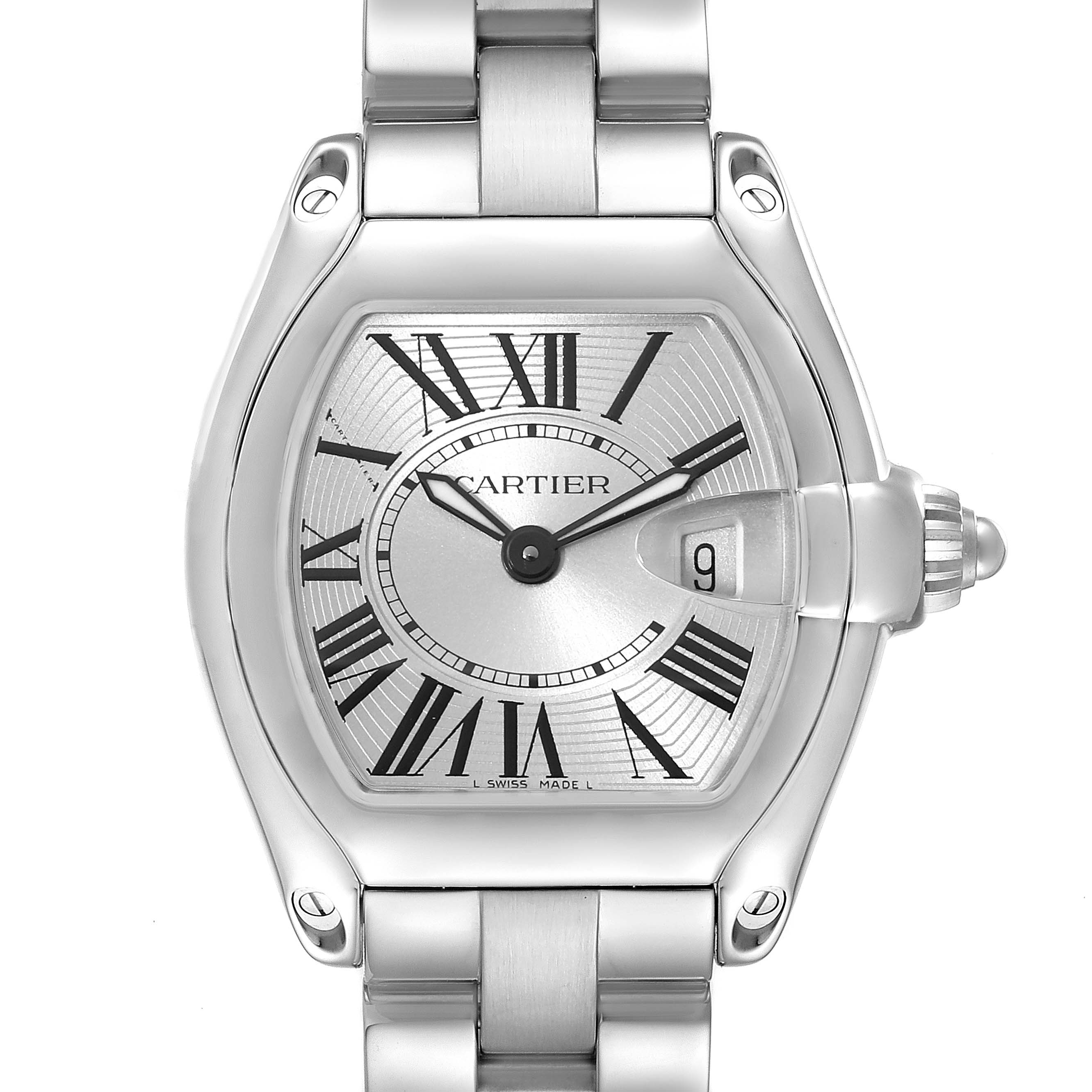 The image shows a front view of the Cartier Roadster W62016V3 Women's Stainless Steel Silver Dial W62016V3 Women's Stainless Steel Silver Dial watch, highlighting the dial, case, and part of the bracelet.