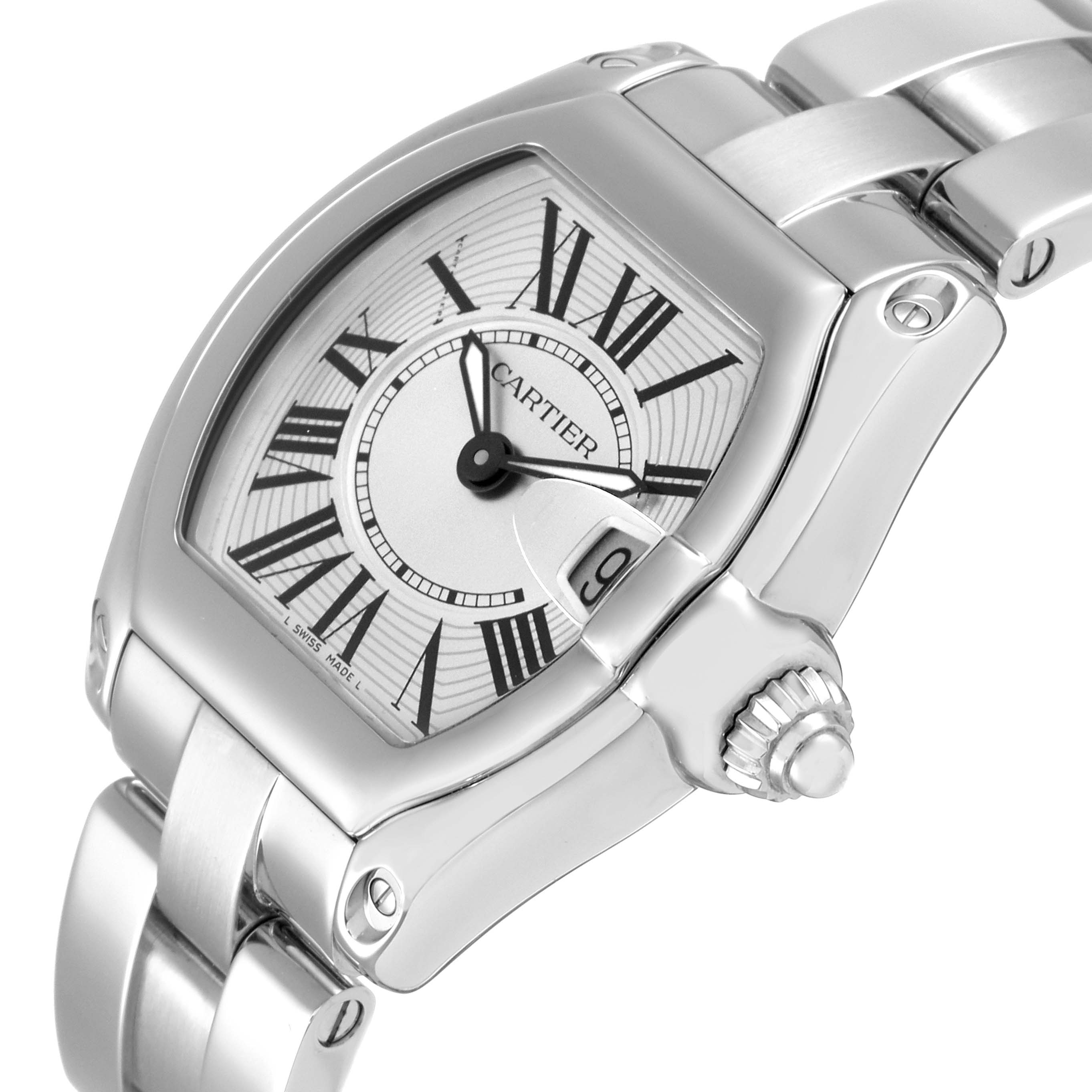 This image shows a close-up of the Cartier Roadster W62016V3 Women's Stainless Steel Silver Dial W62016V3 Women's Stainless Steel Silver Dial watch, highlighting the dial, crown, and part of the bracelet.