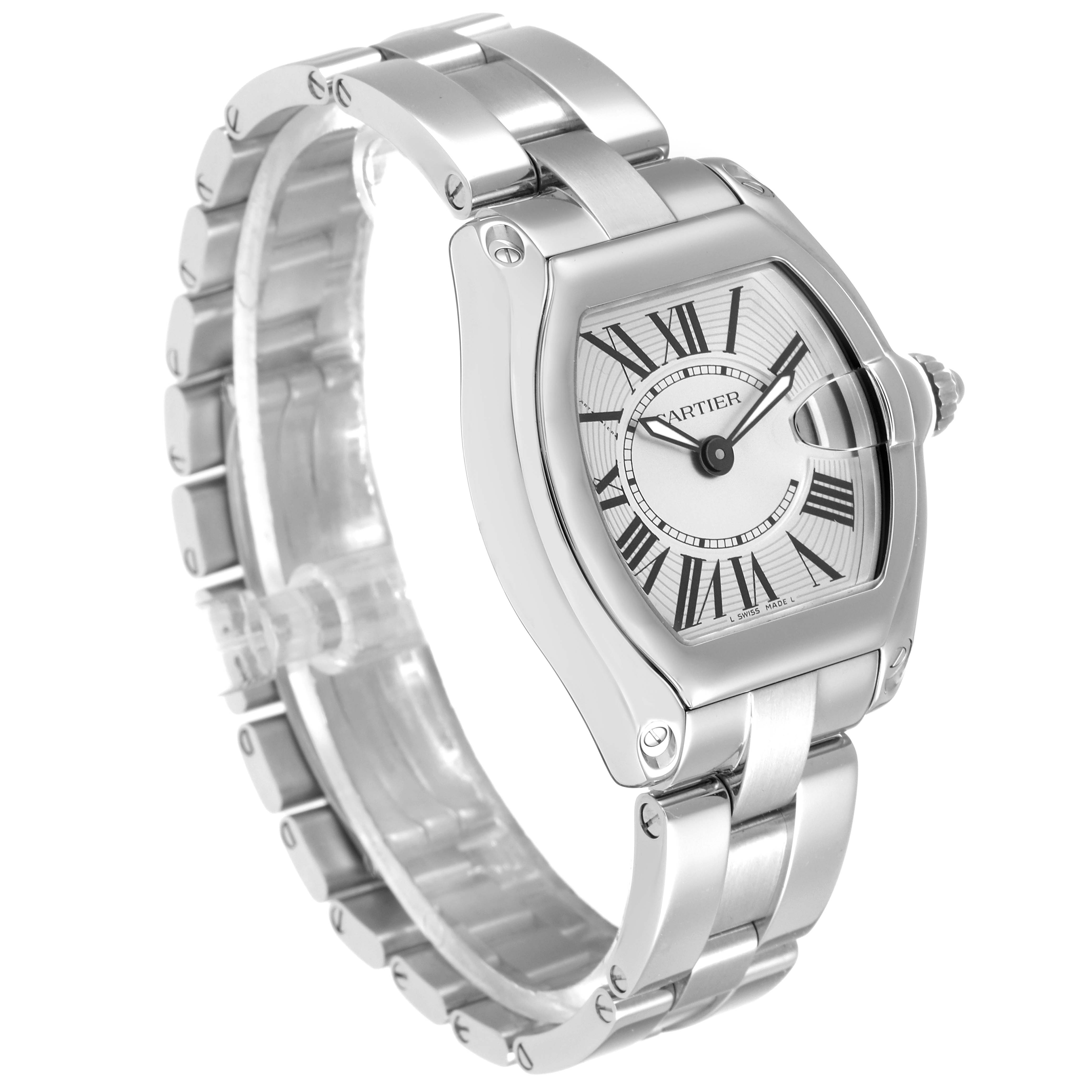This image shows a Cartier Roadster W62016V3 Women's Stainless Steel Silver Dial W62016V3 Women's Stainless Steel Silver Dial watch at a three-quarter angle, highlighting the dial, case, bracelet, and crown.