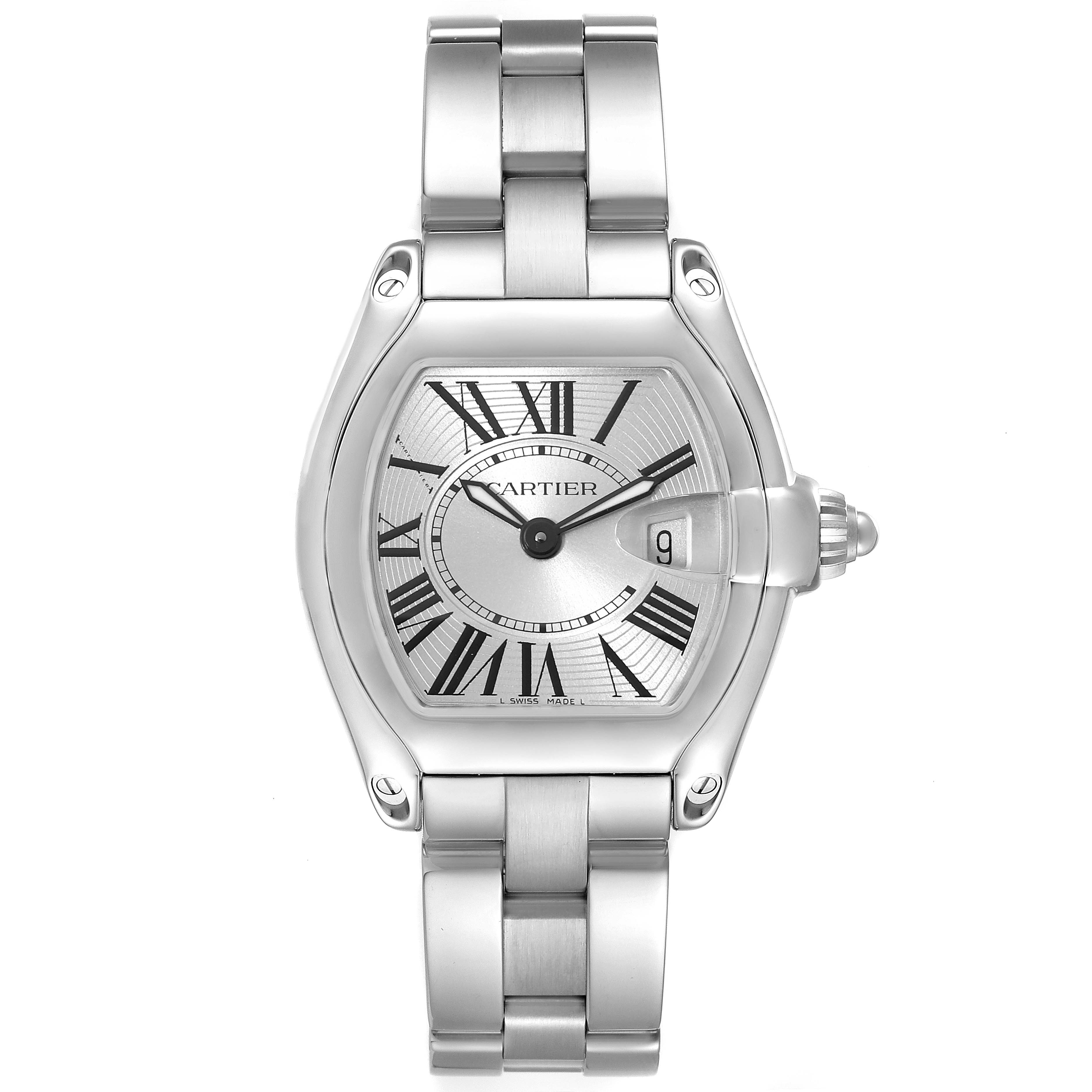 The image shows a front view of the Cartier Roadster W62016V3 Women's Stainless Steel Silver Dial W62016V3 Women's Stainless Steel Silver Dial watch, highlighting its face, bezel, and metal bracelet.