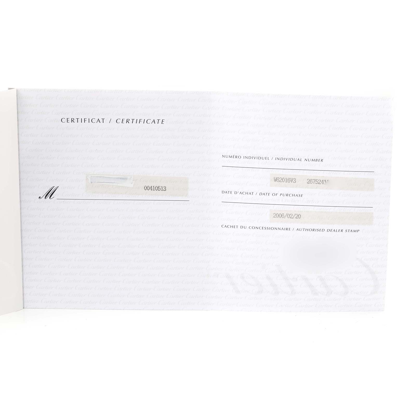 This image shows the certificate of authenticity for a Cartier Roadster W62016V3 Women's Stainless Steel Silver Dial W62016V3 Women's Stainless Steel Silver Dial watch, detailing individual number, purchase date, and dealer stamp.