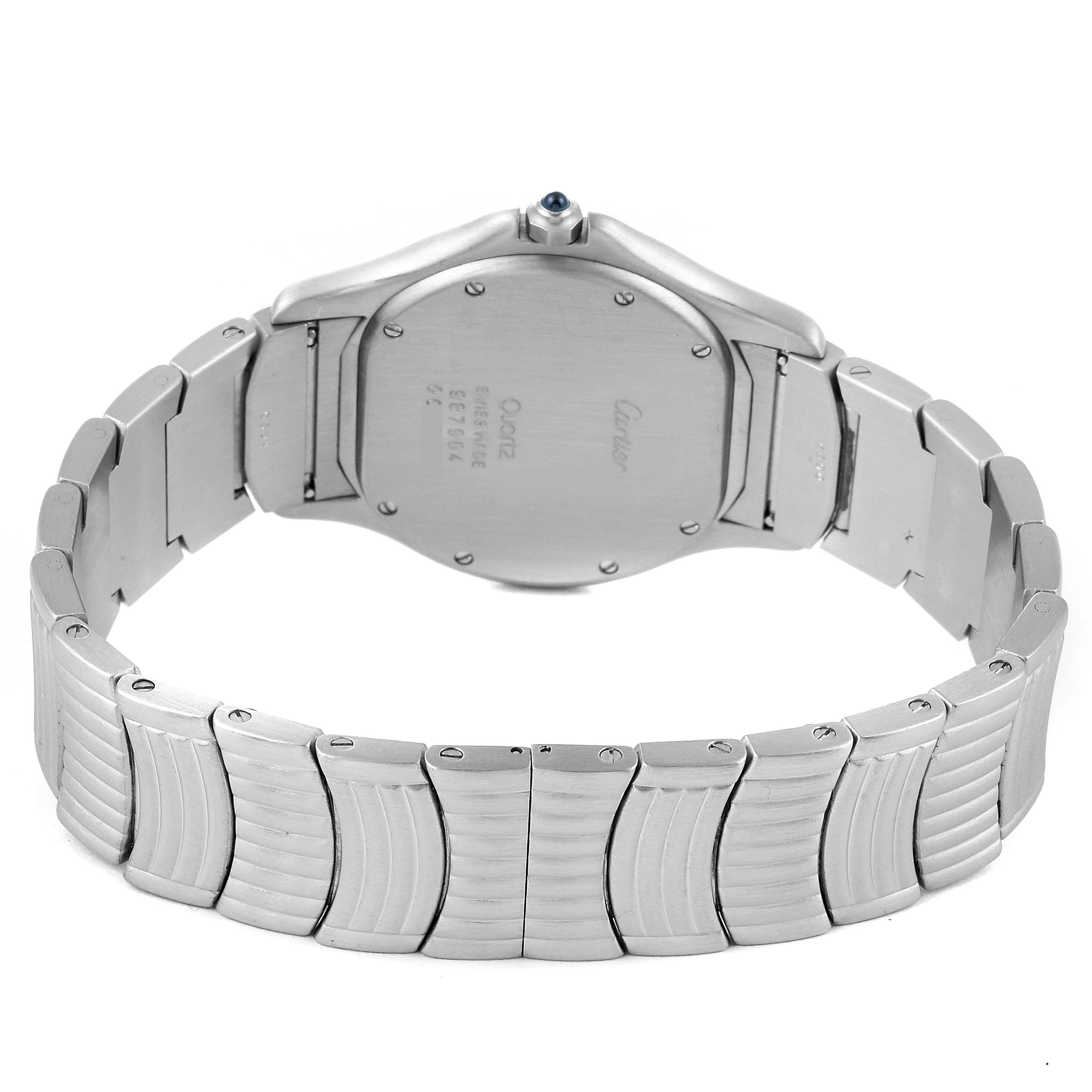 The image shows the back and bracelet of a Cartier Santos W20027K1 Men's Stainless Steel Grey Dial W20027K1 Men's Stainless Steel Grey Dial watch, featuring its stainless steel construction and engraved case back.
