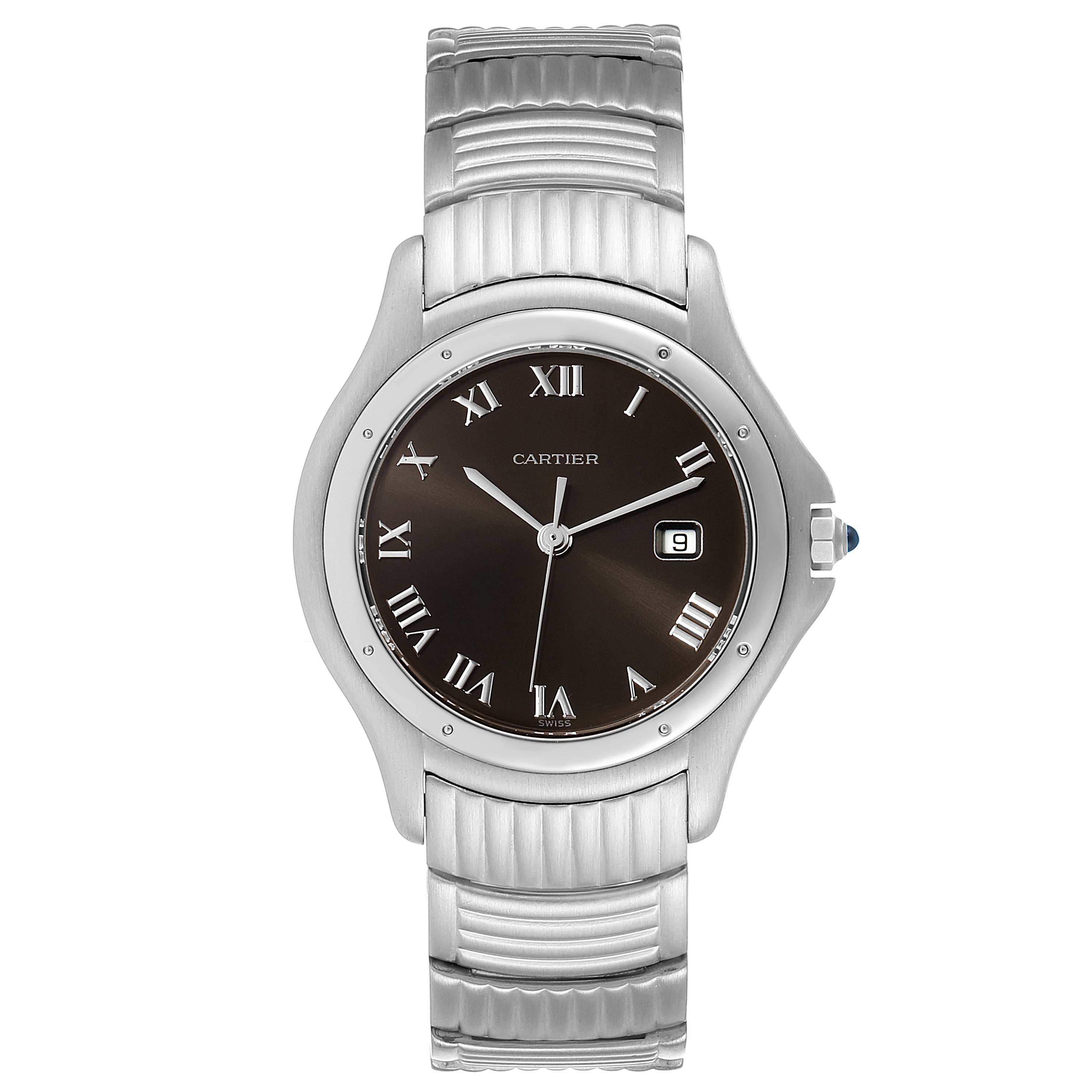 The image shows a Cartier Santos W20027K1 Men's Stainless Steel Grey Dial W20027K1 Men's Stainless Steel Grey Dial watch from a front angle, displaying its face, bezel, and bracelet.