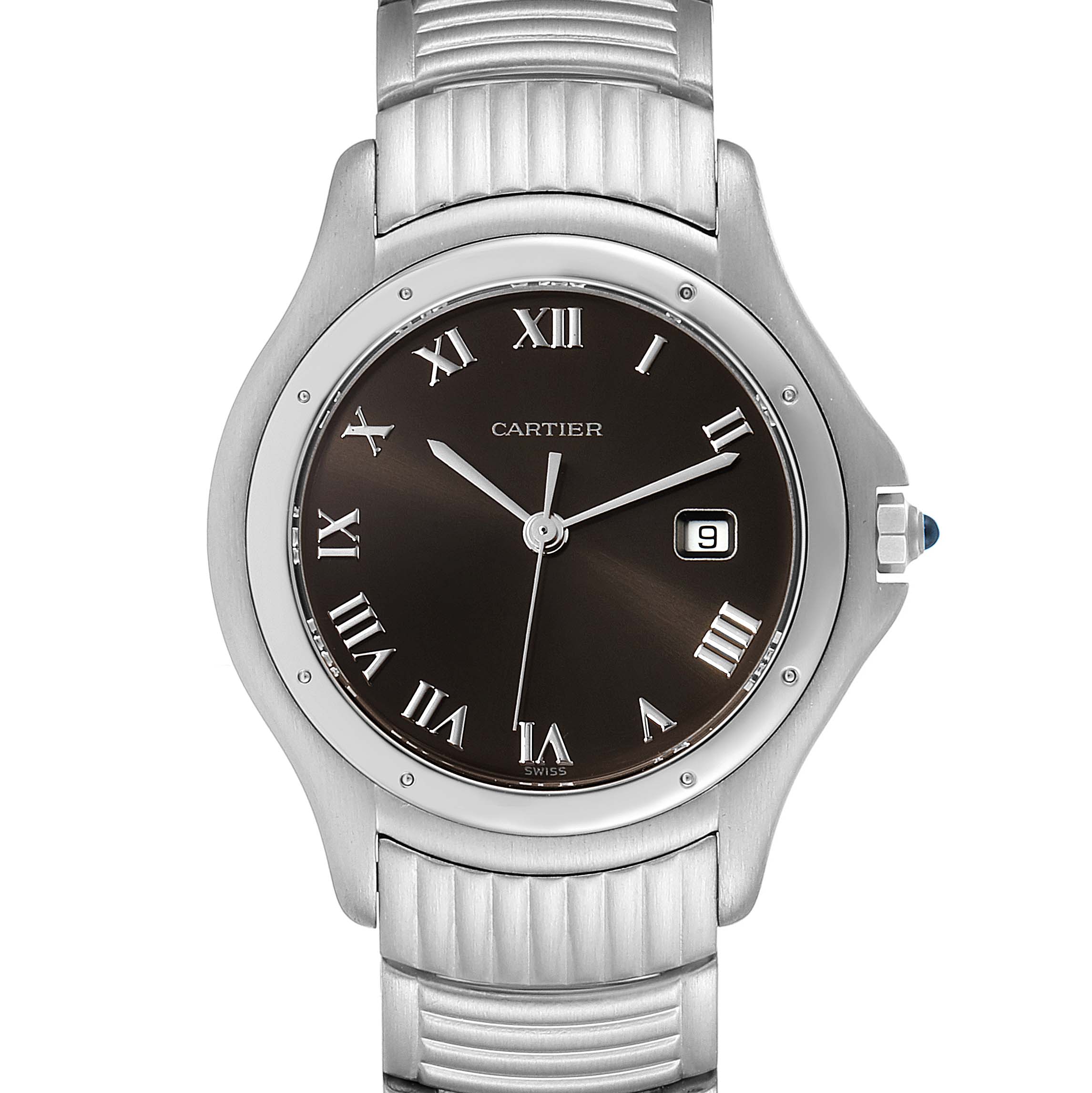 This image shows a front-facing view of a Cartier Santos W20027K1 Men's Stainless Steel Grey Dial W20027K1 Men's Stainless Steel Grey Dial watch, highlighting the dial, hands, date window, and part of the band.